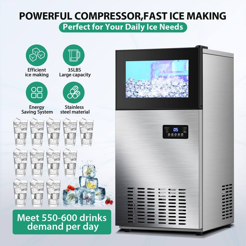 POWERFUL COMPRESSOR, FAST ICE MAKING  
Perfect for Your Daily Ice Needs  

Efficient ice making  
35LBS Large capacity  
Energy Saving System  
Stainless steel material  

Meet 550-600 drinks demand per day