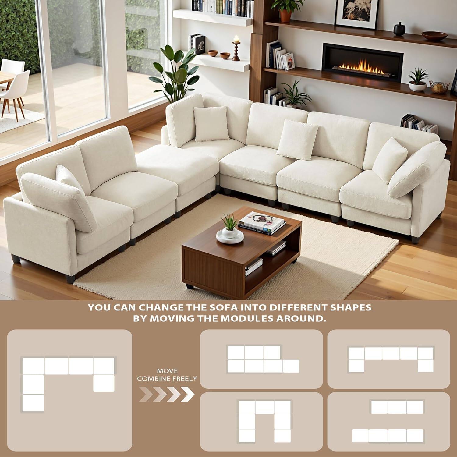 You can change the sofa into different shapes by moving the modules around. Move combine freely