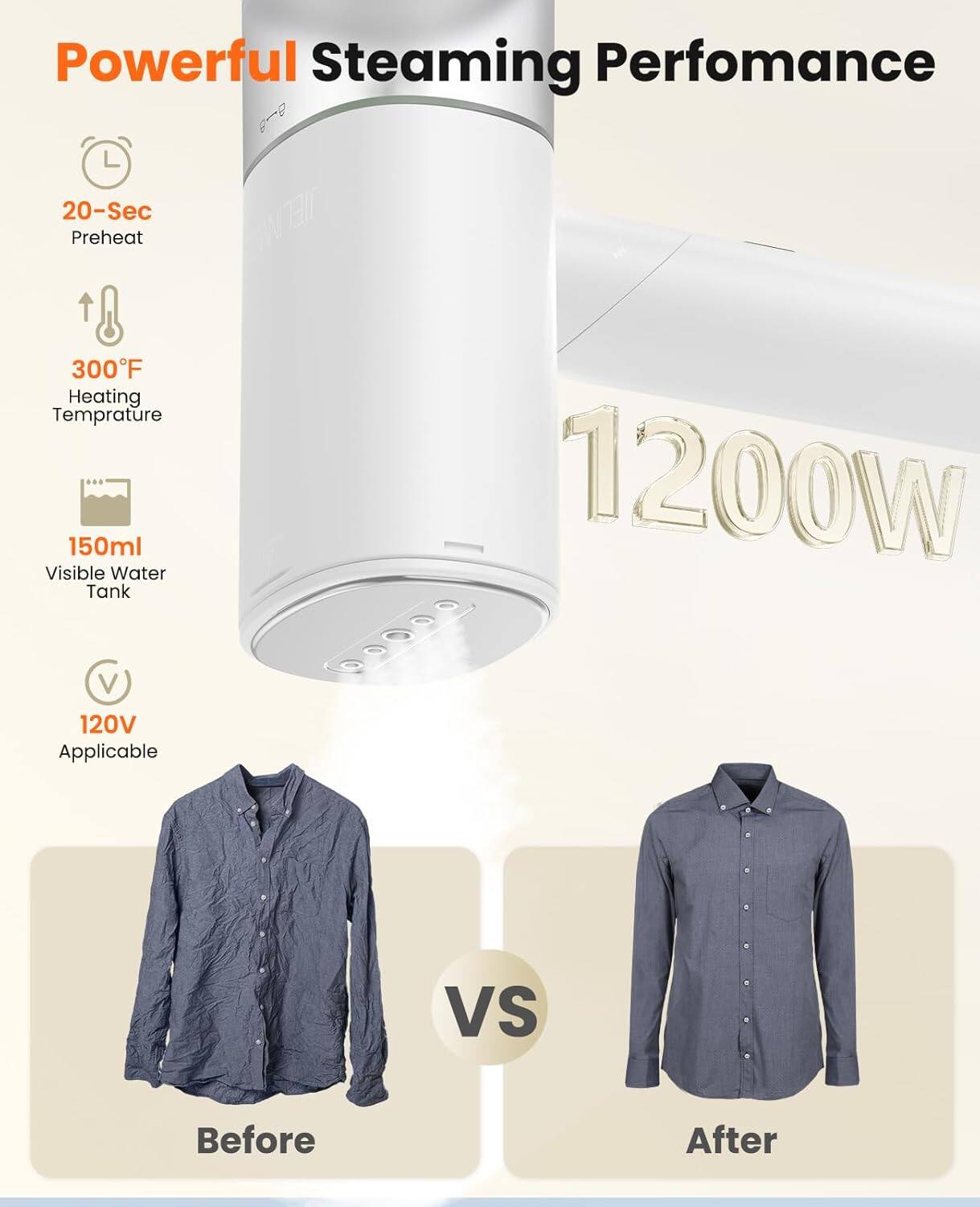 Powerful Steaming Performance  
20-Sec Preheat  
300°F Heating Temperature  
150ml Visible Water Tank  
120V Applicable  
1200W  

Before  
VS  
After