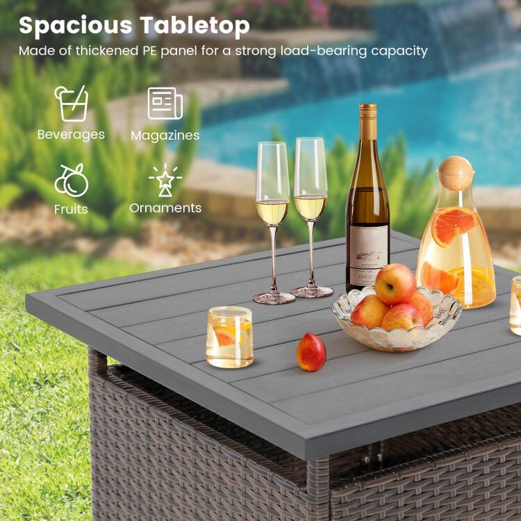 Spacious Tabletop  
Made of thickened PE panel for a strong load-bearing capacity  
Beverages  
Magazines  
Fruits  
Ornaments