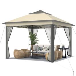 Gymax - 11 x 11 ft Pop up Gazebo 2-Tier Patio Canopy Tent Shelter w/ Carrying Bag - Brown