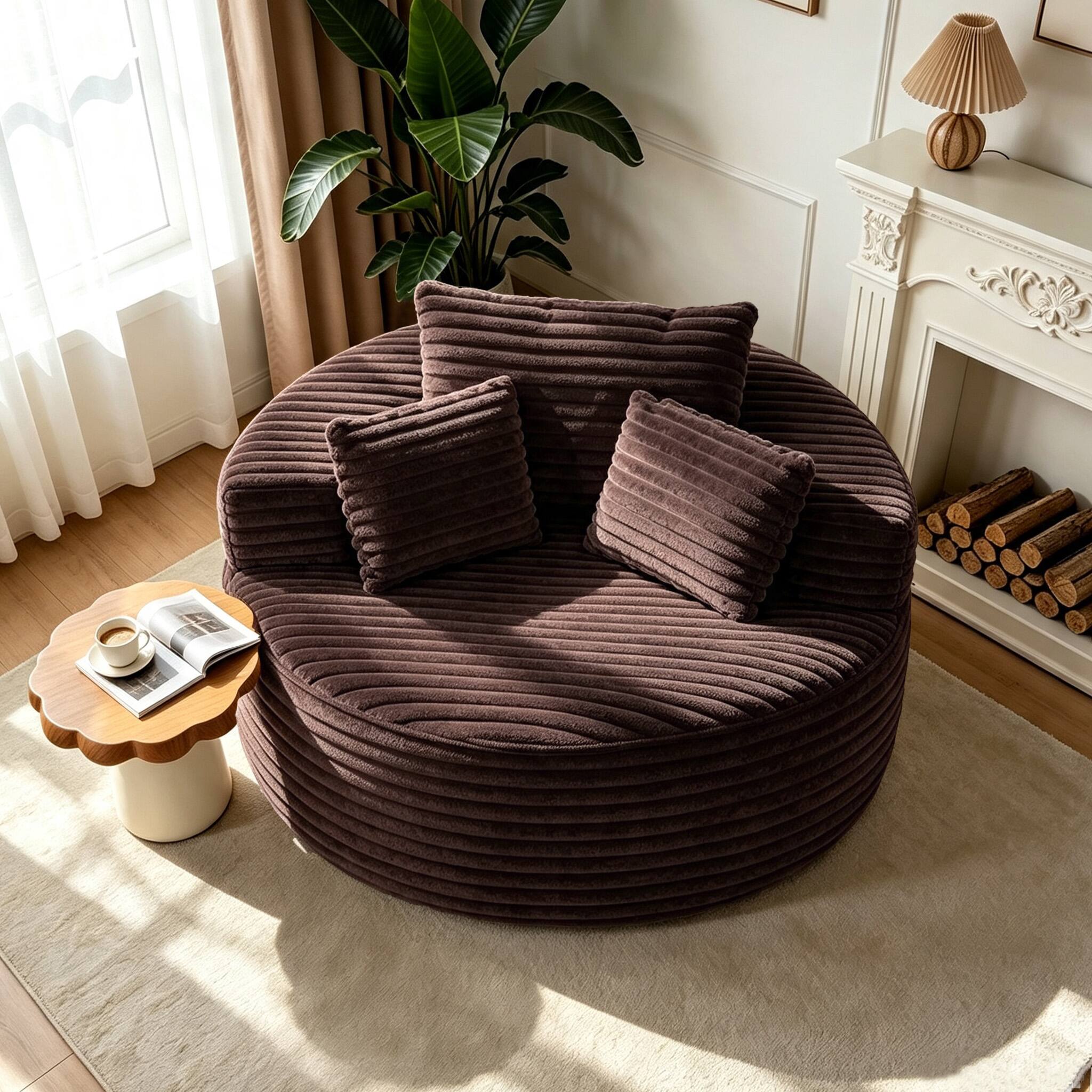 Back. Electra Tech Xpress - 55"Oversized Round Chaise Longue Chair, Boneless Chair, No Assembly Required - Brown.