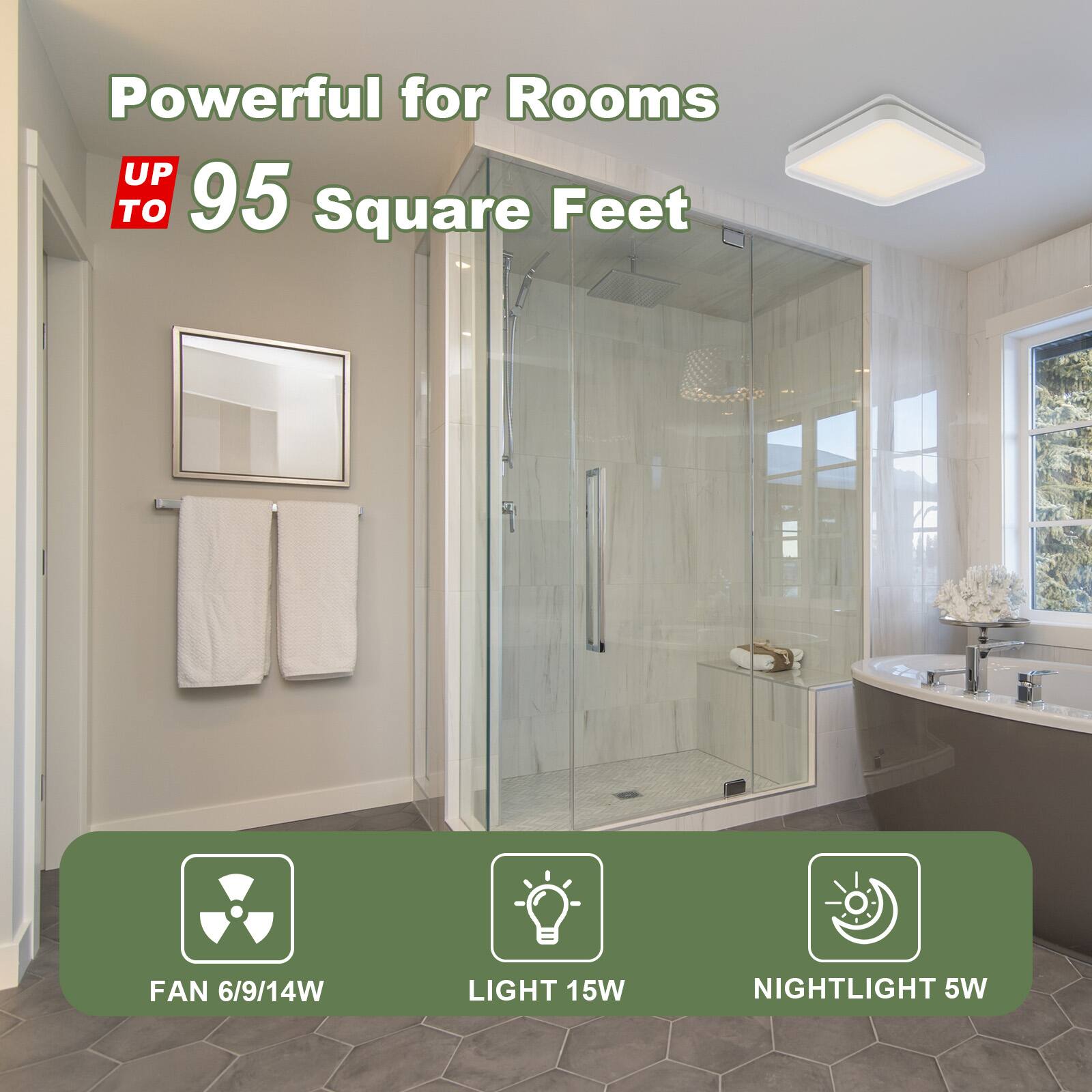 Powerful for Rooms UP TO 95 Square Feet

FAN 6/9/14W  
LIGHT 15W  
NIGHTLIGHT 5W