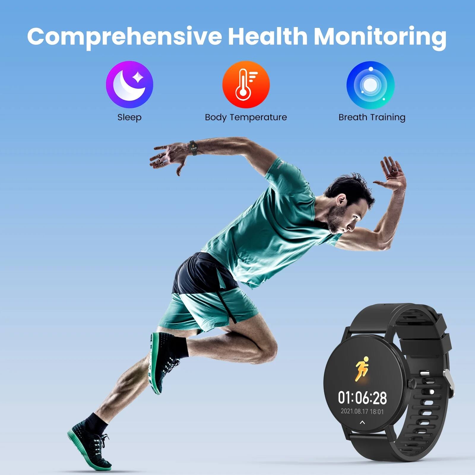 Comprehensive Health Monitoring  
Sleep  
Body Temperature  
Breath Training  

01:06:28  
2021.08.17 18:01