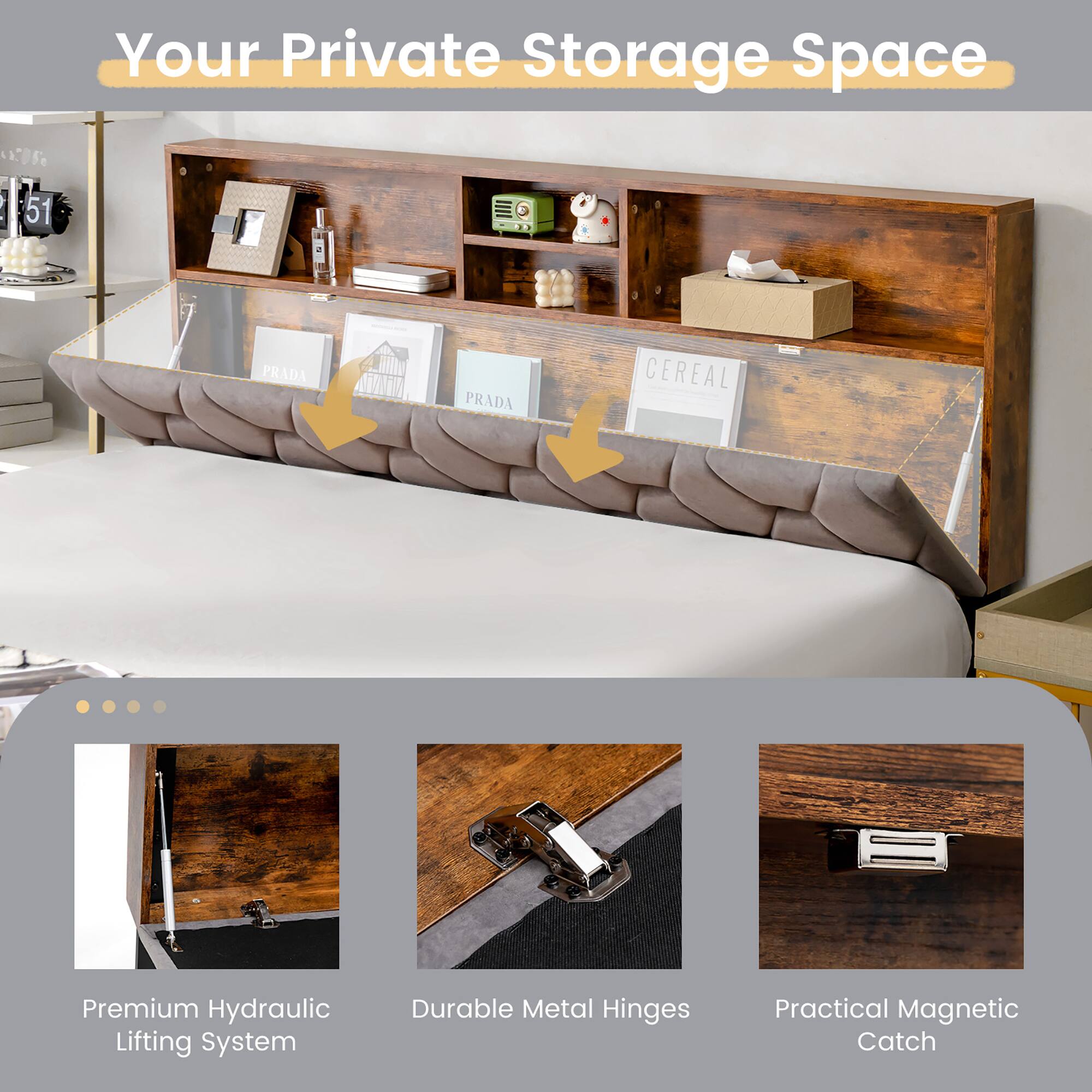 Your Private Storage Space, Premium Hydraulic Lifting System, Durable Metal Hinges, Practical Magnetic Catch