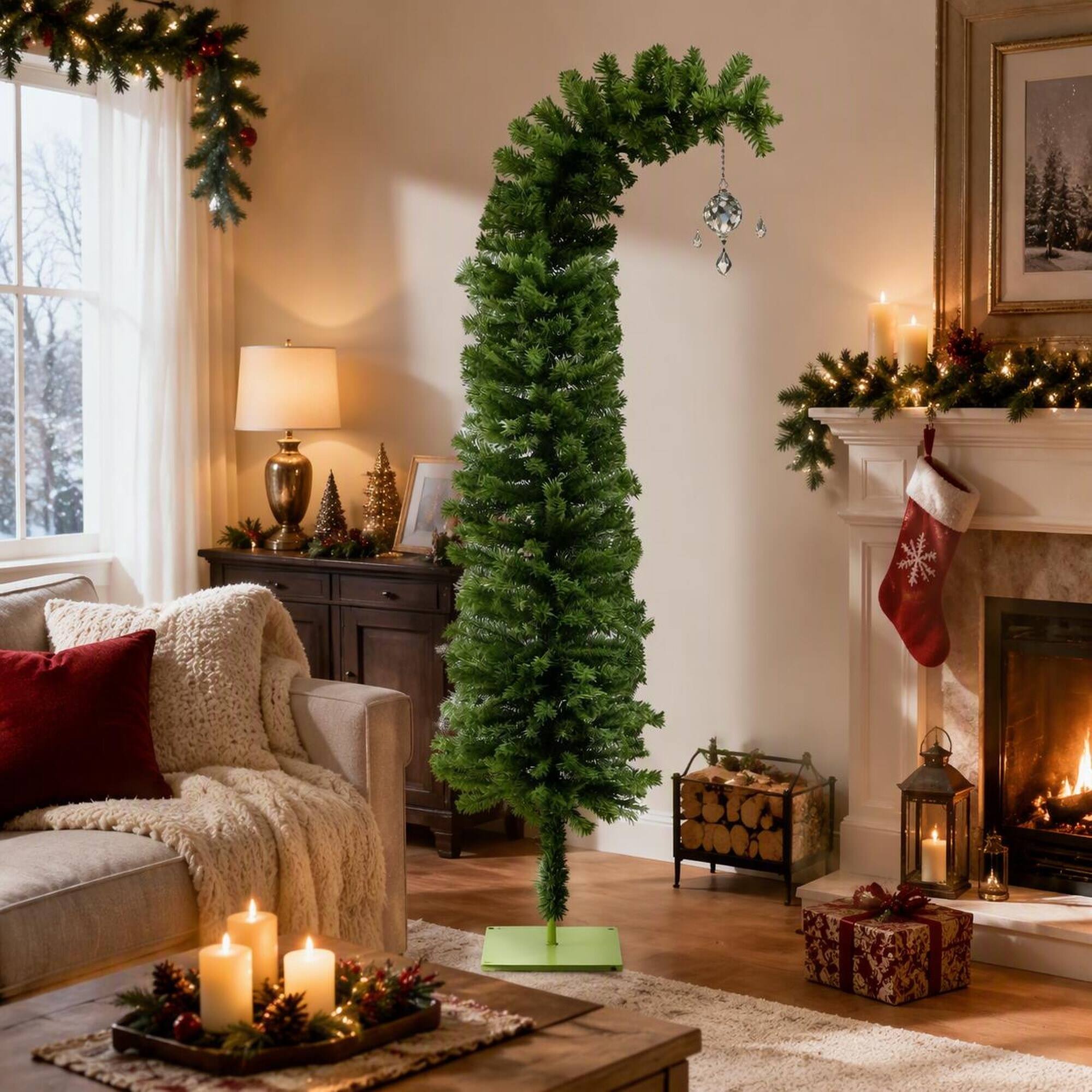 Left. RYHNUYNE - Pencil Christmas Tree, Bendable Artificial Branches 400 Branch Tips Sturdy Base Slim Space-Saving Holiday Decor - Green.