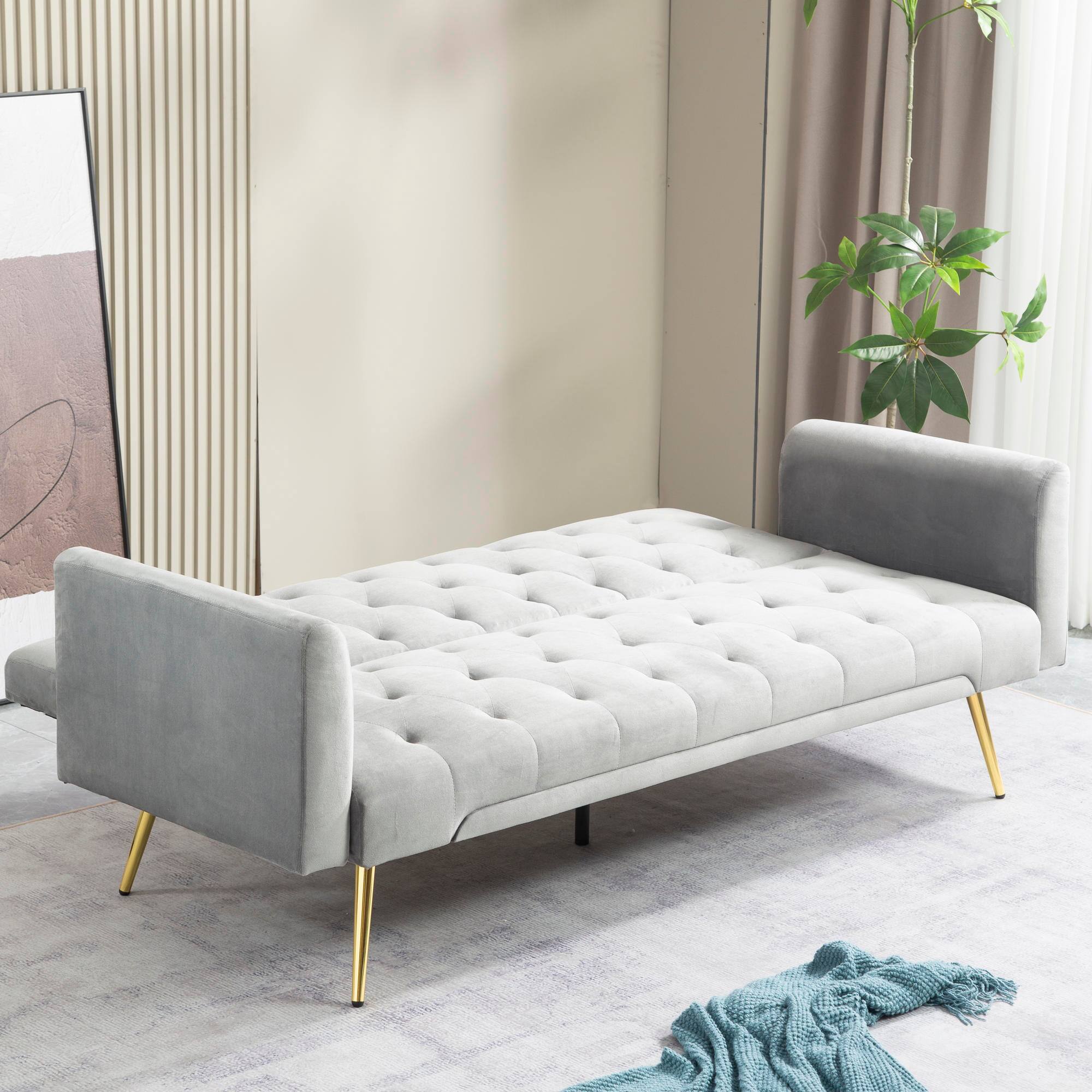 Alt View 3. Meqiodas - Convertible Sofa Bed Modern Futon Set, Velvet Foldable Reclining Loveseat, Three Adjustment Angles, Easy Assembly - GREY.