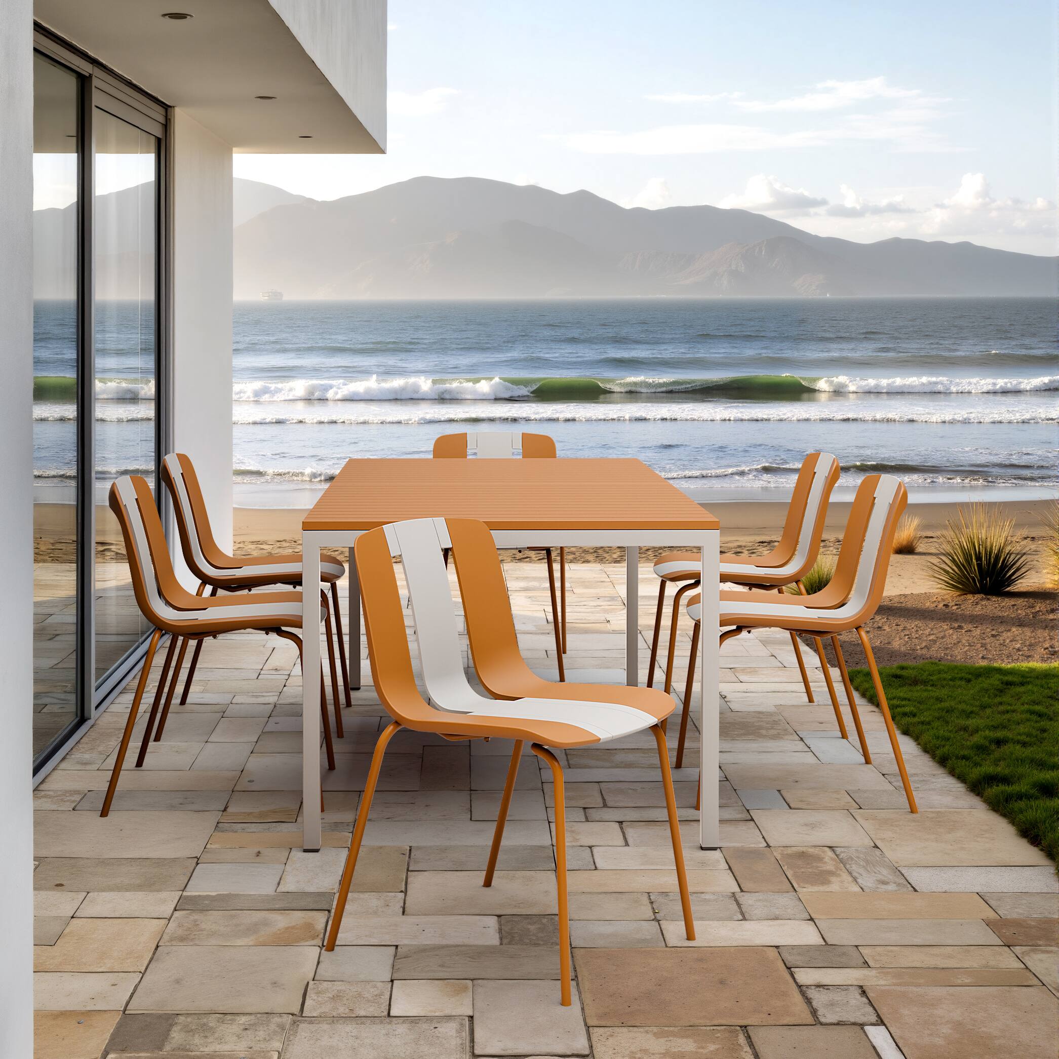 Angle. Mondawe - 4-Pack Modern Striped Color Block Chairs – PP Plastic Seat & Sturdy Metal Legs - Orange,White.