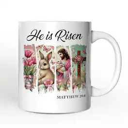 OrnamentallyYou - He Is Risen Easter Jesus Mug, Matthew 28:6 Christian Gift - White