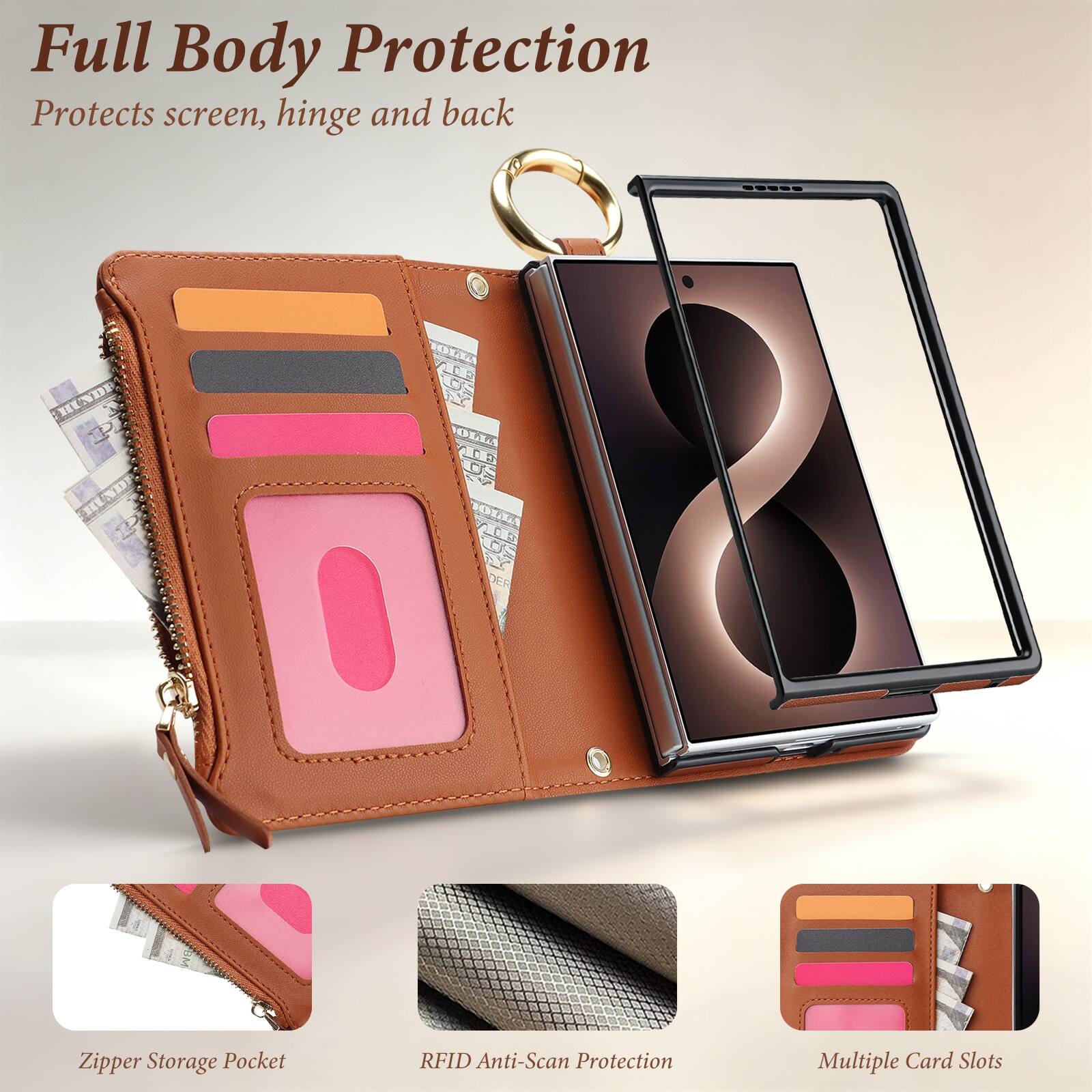 Full Body Protection  
Protects screen, hinge and back  

Zipper Storage Pocket  
RFID Anti-Scan Protection  
Multiple Card Slots