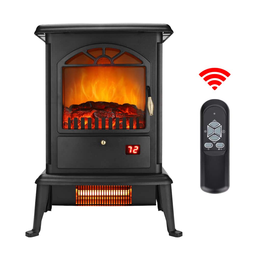 Winado - 1500W Freestanding Three-door Glass 3D Flame Fireplace with Remote Control/Quartz tube heating/Fake Firewood - Black
