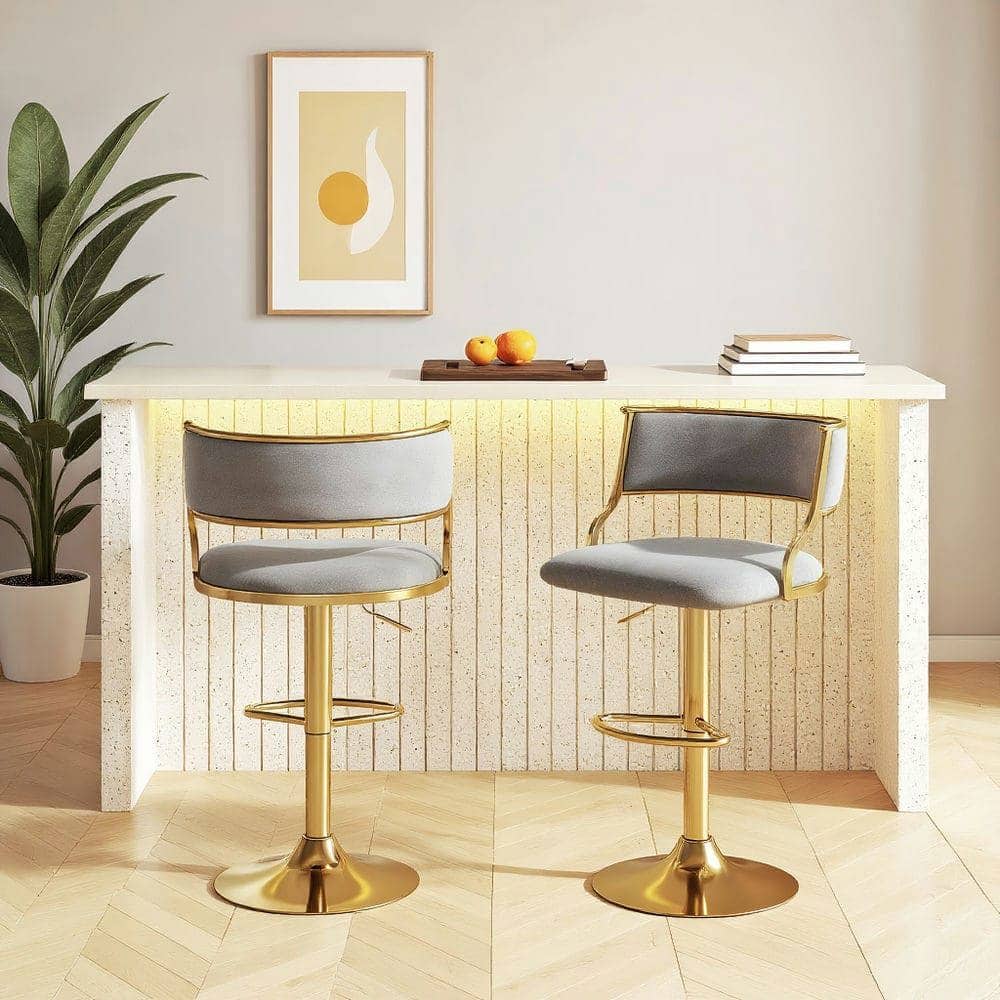 Kadyn - Set of 2 Dutch Velvet Swivel Bar Stools with Height Adjustable Seat, and Gold - Gray
