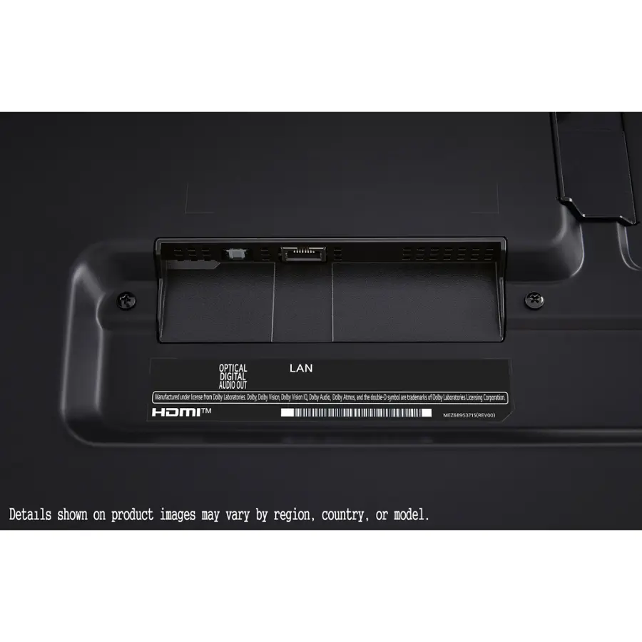 The text on the image reads: "OPTICAL LAN DIGITAL AUDIO OUT Manufactured under license from Dolby Laboratories. Dolby Vision, Dolby Atmos, and the double-D symbol are registered trademarks of Dolby Laboratories. Details shown on product images may vary by region, country, or model."