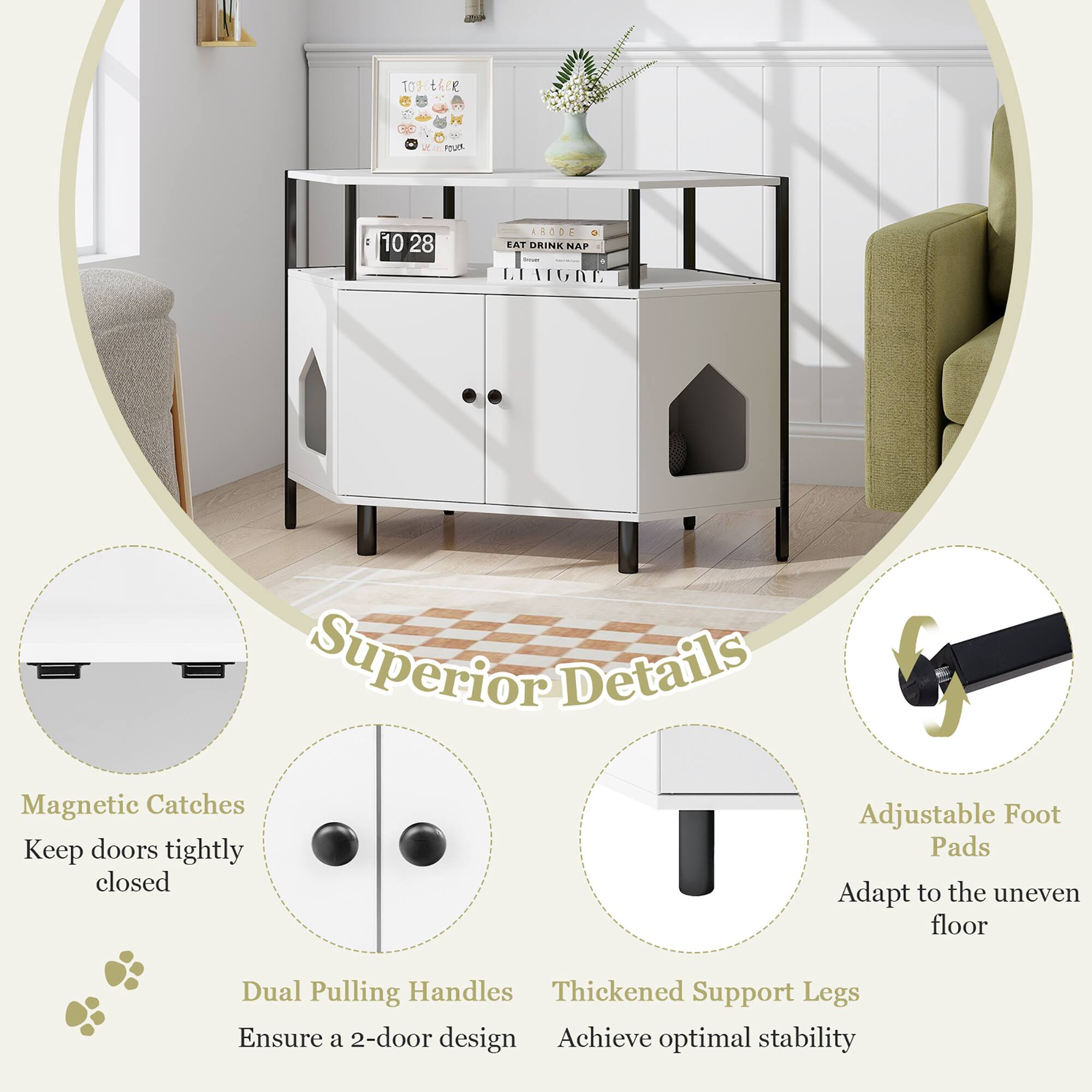 Superior Details

- Magnetic Catches: Keep doors tightly closed
- Dual Pulling Handles: Ensure a 2-door design
- Adjustable Foot Pads: Adapt to the uneven floor
- Thickened Support Legs: Achieve optimal stability