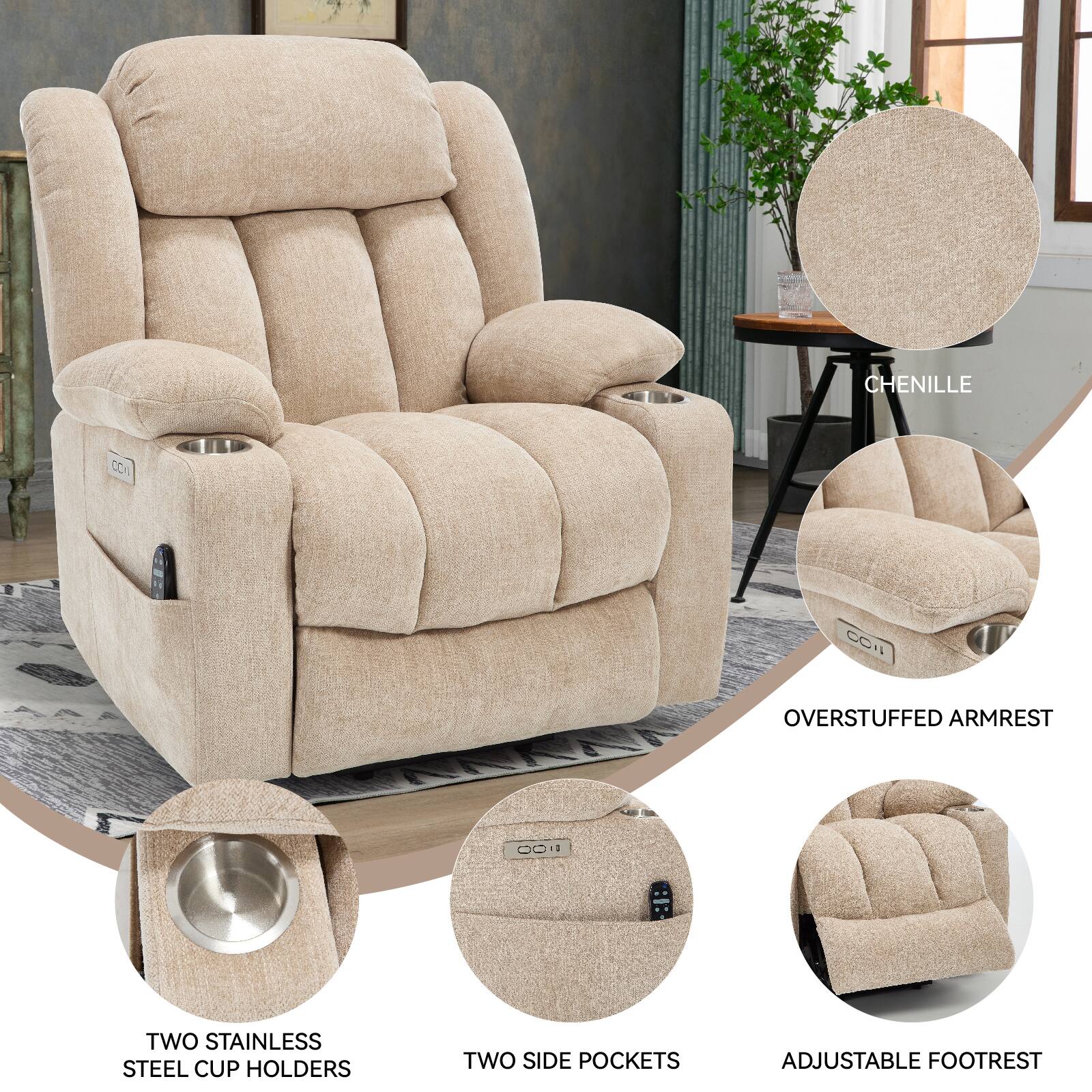 - Chenille CCN CI
- Overstuffed Armrest
- Two Stainless Steel Cup Holders
- Two Side Pockets
- Adjustable Footrest