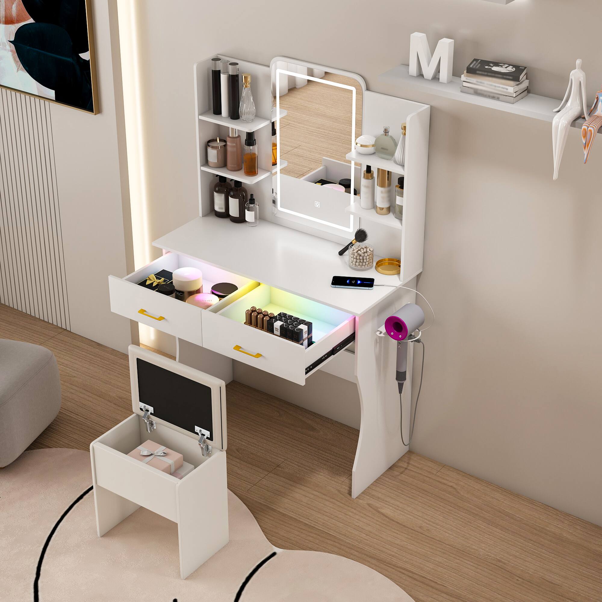 Left. PexFix - Vanity Set with LED Mirror, RGB Lights, Power Outlet & Storage Drawers, Perfect for Bedroom - White.