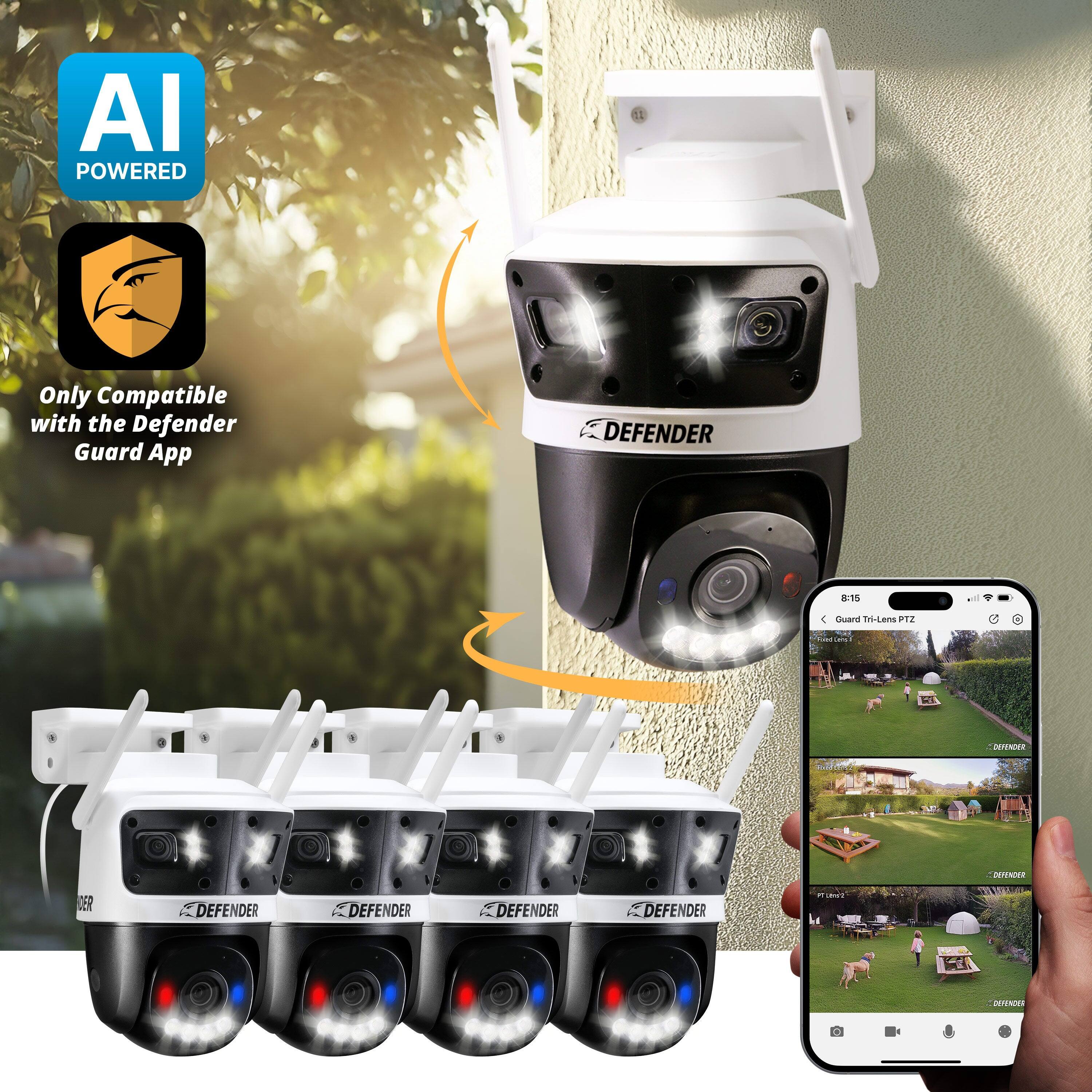 AI POWERED  
Only Compatible with the Defender Guard App  

DEFENDER  
Guard Tri-Lens PTZ  

DEFENDER  
DEFENDER  
DEFENDER  
DEFENDER