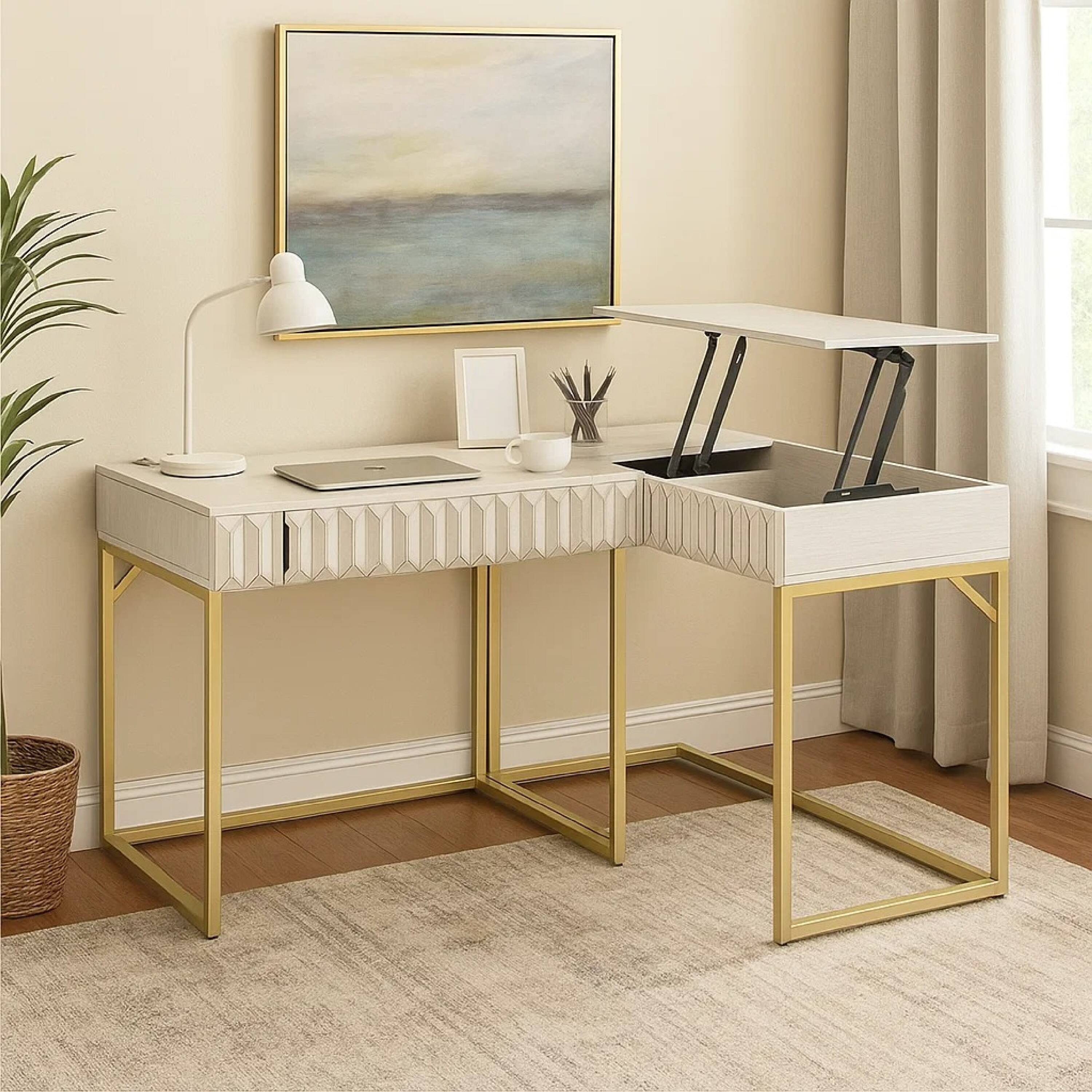 Alt View 3. Manhattan Lane - Fredie Corner Desk with Lift-Top USB Port, Gold Frame, Antique White - Antique White, Gold.