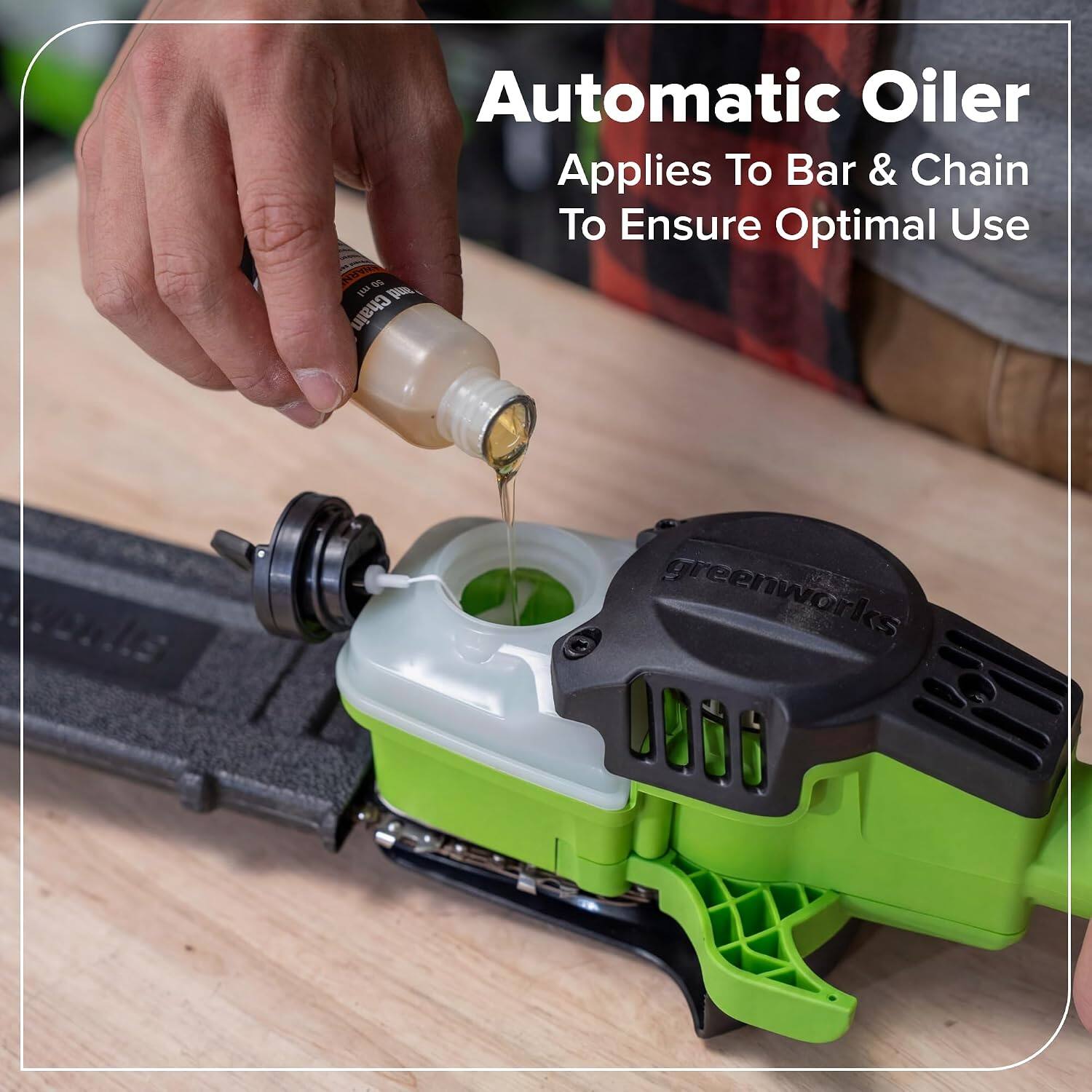 Automatic Oiler Applies To Bar & Chain To Ensure Optimal Use

greenworks