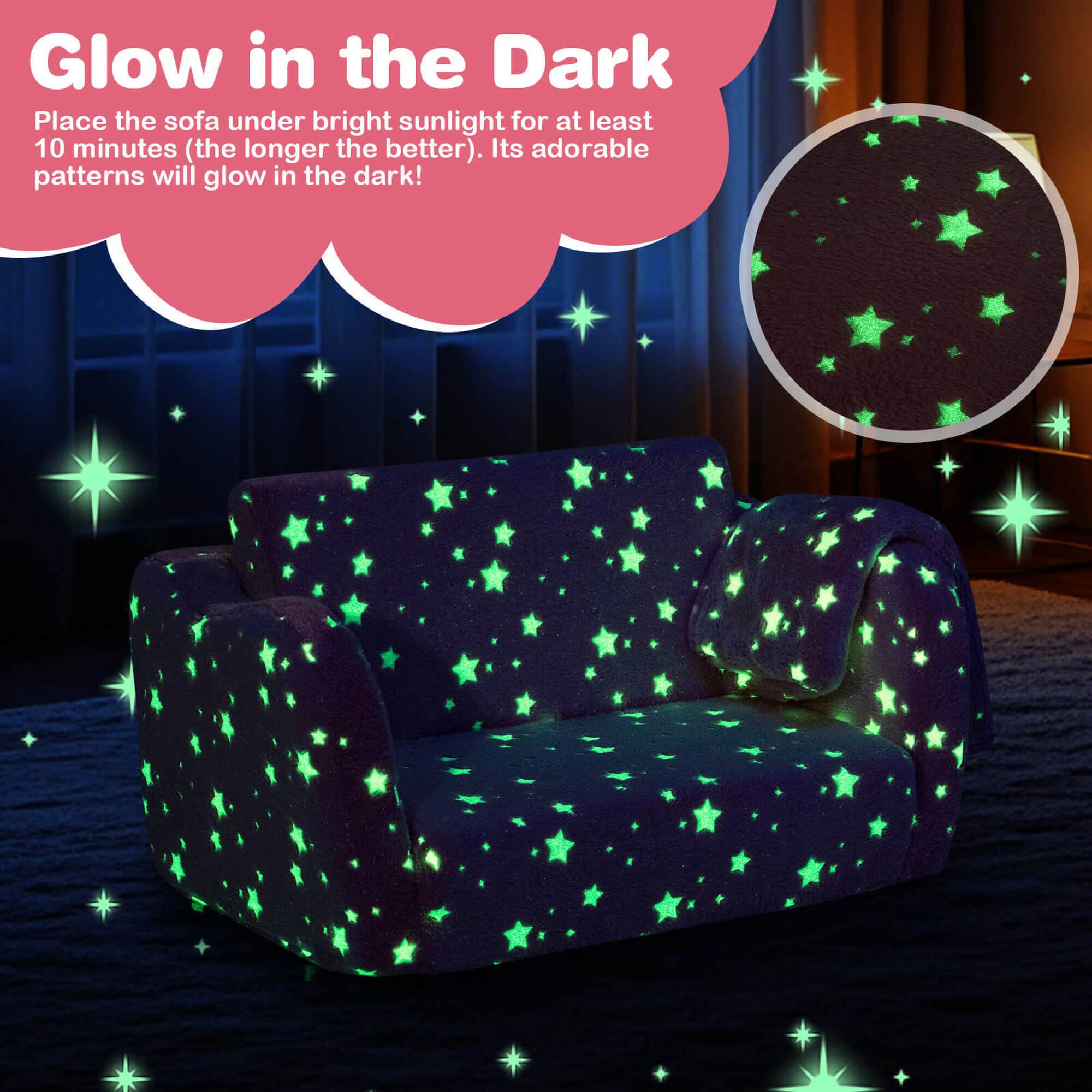 Glow in the Dark

Place the sofa under bright sunlight for at least 10 minutes (the longer the better). Its adorable patterns will glow in the dark!