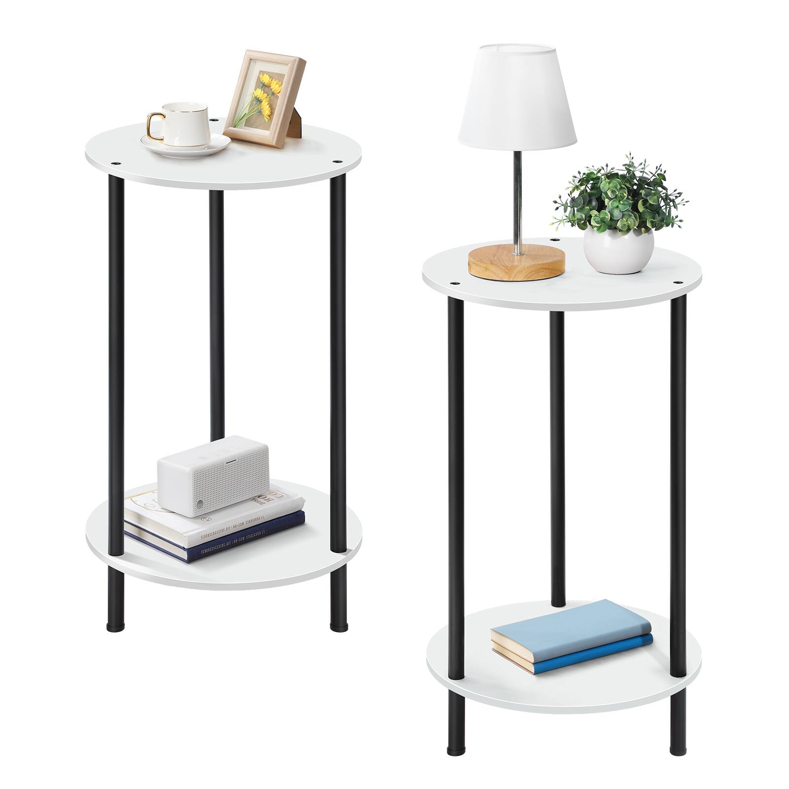 Angle. Oumilen - Set of 2 Round Side Tables – 2-Tier White End Table with Black Metal Legs, Accent Nightstand for Sofa Bedroom - White.
