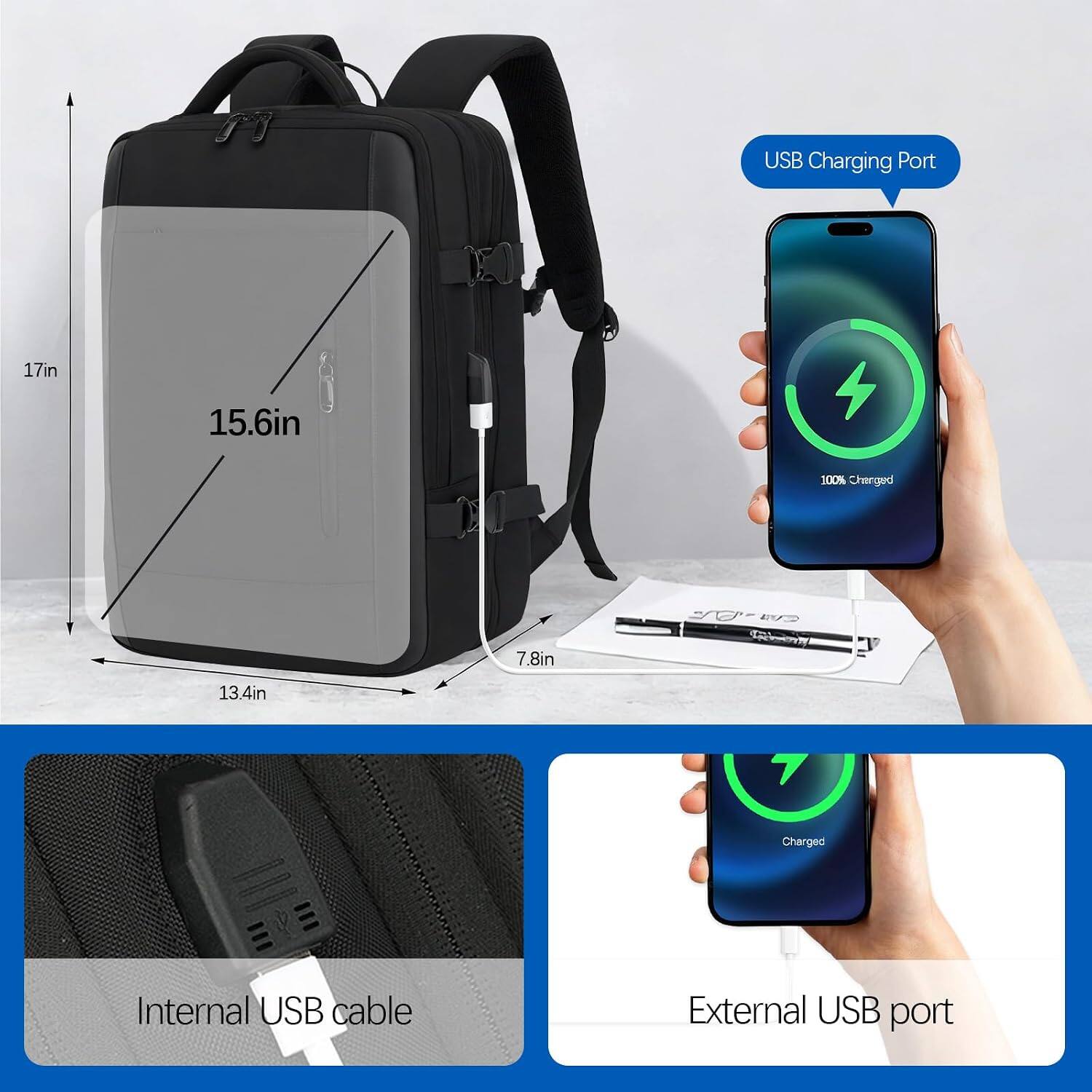USB Charging Port  
17in  
15.6in  
100% Charged  
7.8in  
13.4in  
7 Charged  
Internal USB cable  
External USB port