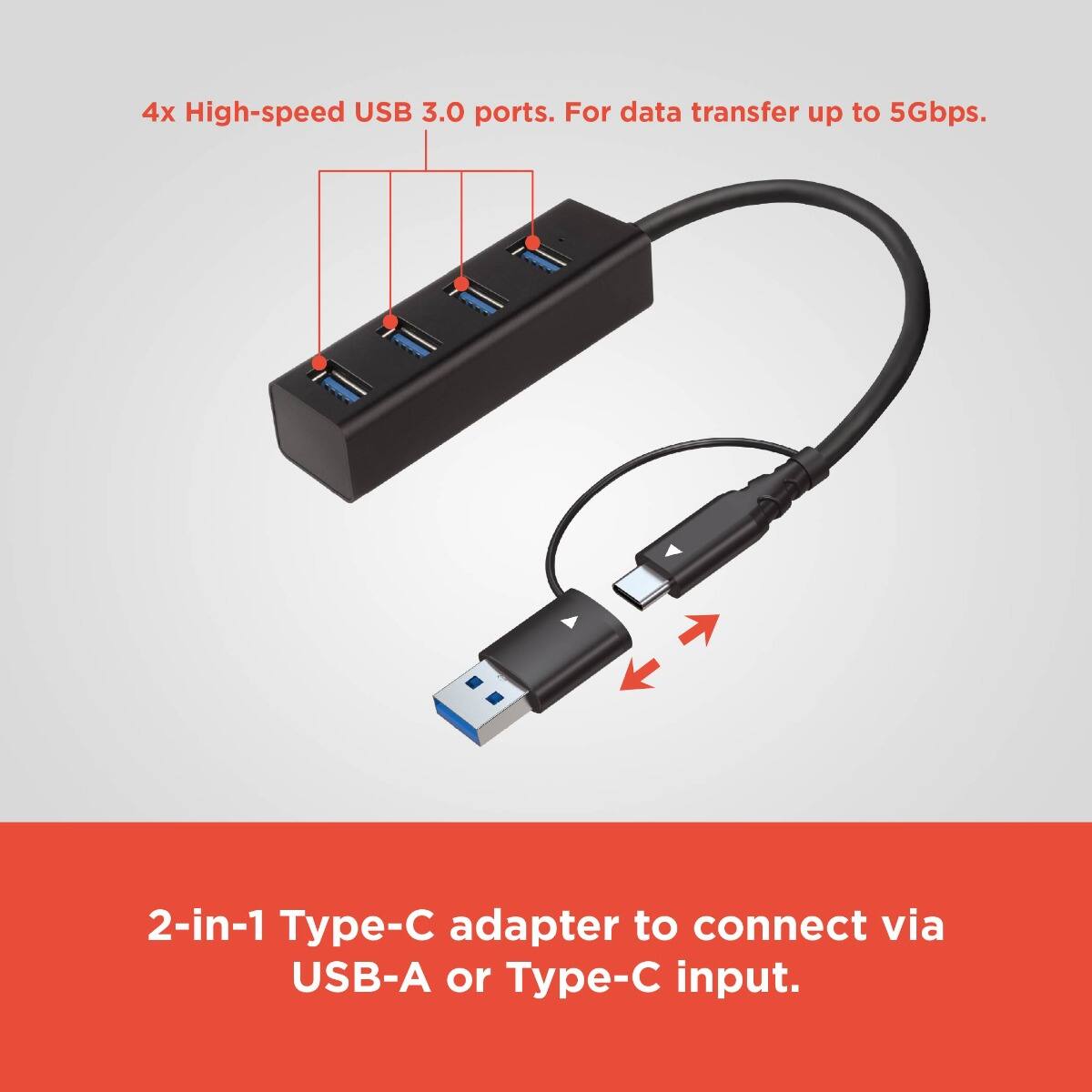 4x High-speed USB 3.0 ports. For data transfer up to 5Gbps.

2-in-1 Type-C adapter to connect via USB-A or Type-C input.