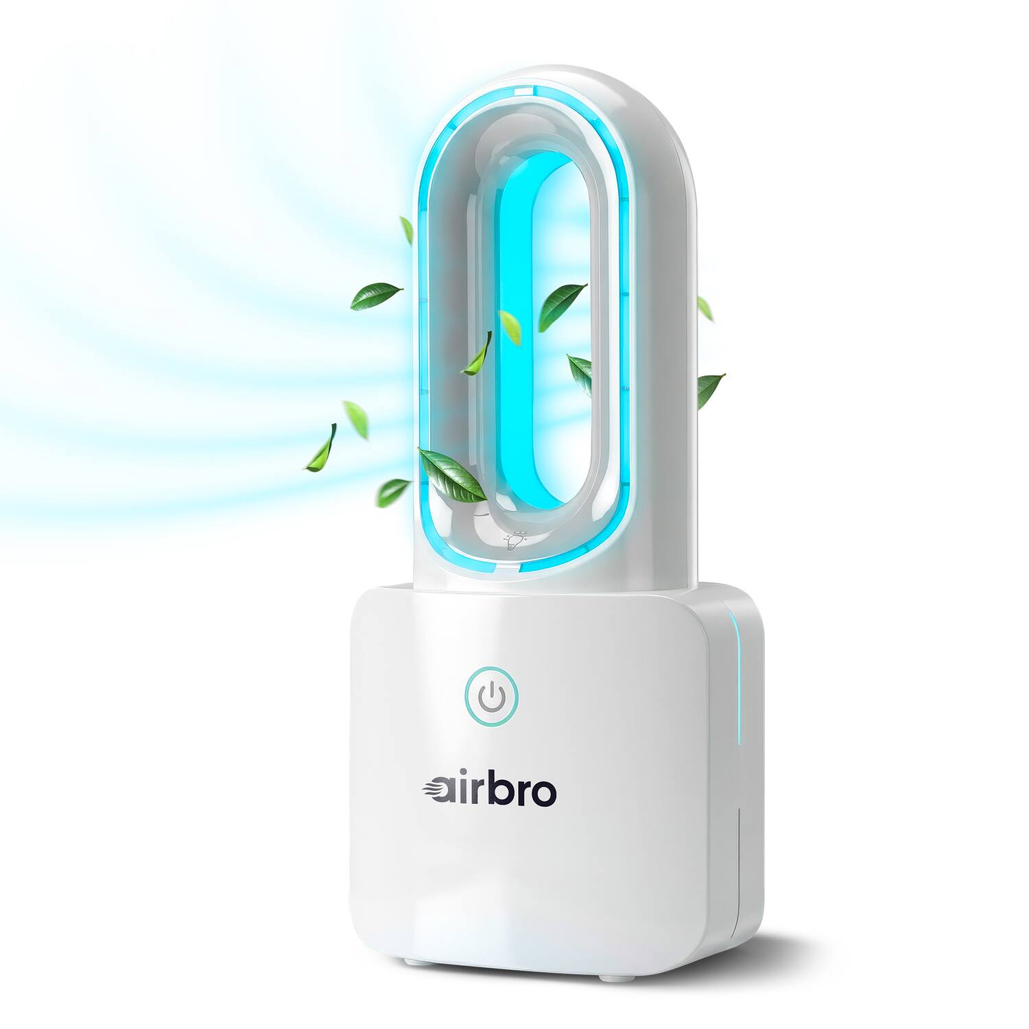 Left. Airbro - 2000mAh 5" Rechargeable Bladeless Desktop Fan, 3 Speeds, LED Lights - White.