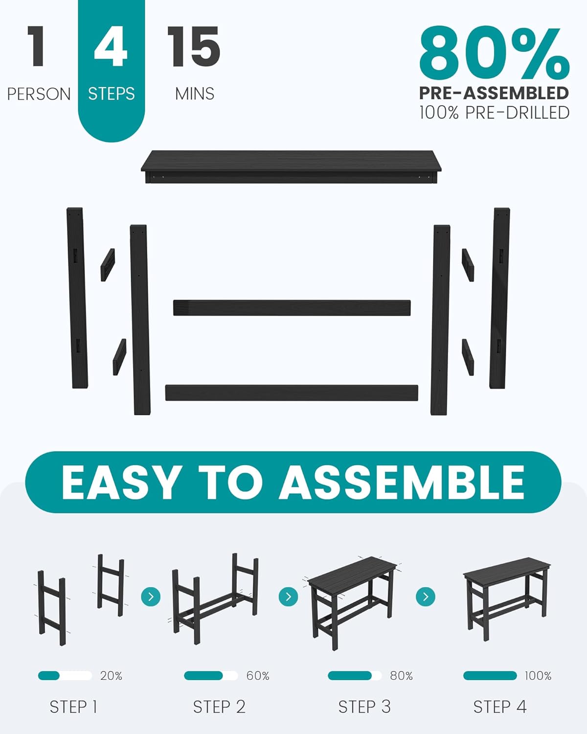 1 PERSON  
4 STEPS  
15 MINS  
80% PRE-ASSEMBLED  
100% PRE-DRILLED  
EASY TO ASSEMBLE  
20%  
60%  
80%  
100%  
STEP 1  
STEP 2  
STEP 3  
STEP 4