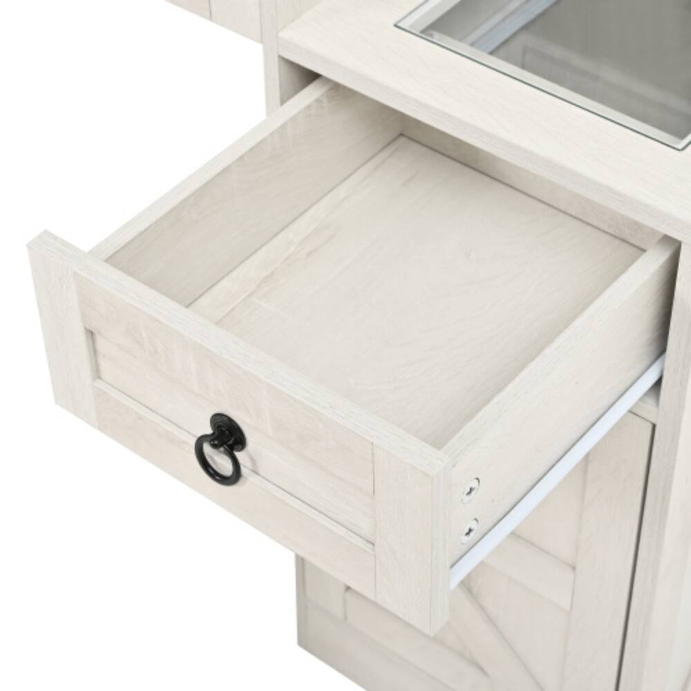 Alt View 4. LUCKY ONE - 42.5in Freestanding Farmhouse Vanity Set with Sliding LED Mirror, Glass Top, Charging Station, 4 Drawers - White.