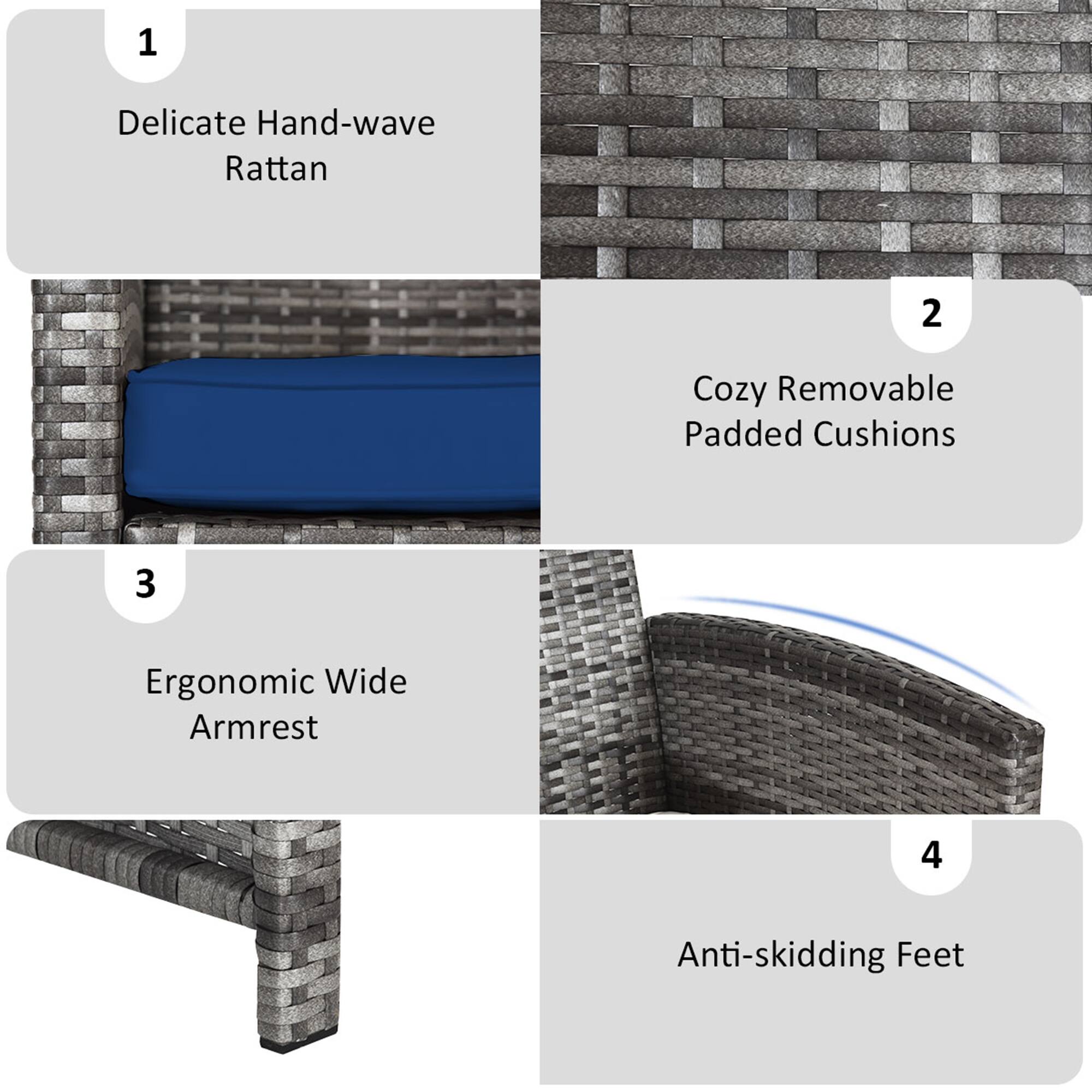 1. Delicate Hand-wave Rattan
2. Cozy Removable Padded Cushions
3. Ergonomic Wide Armrest
4. Anti-skidding Feet