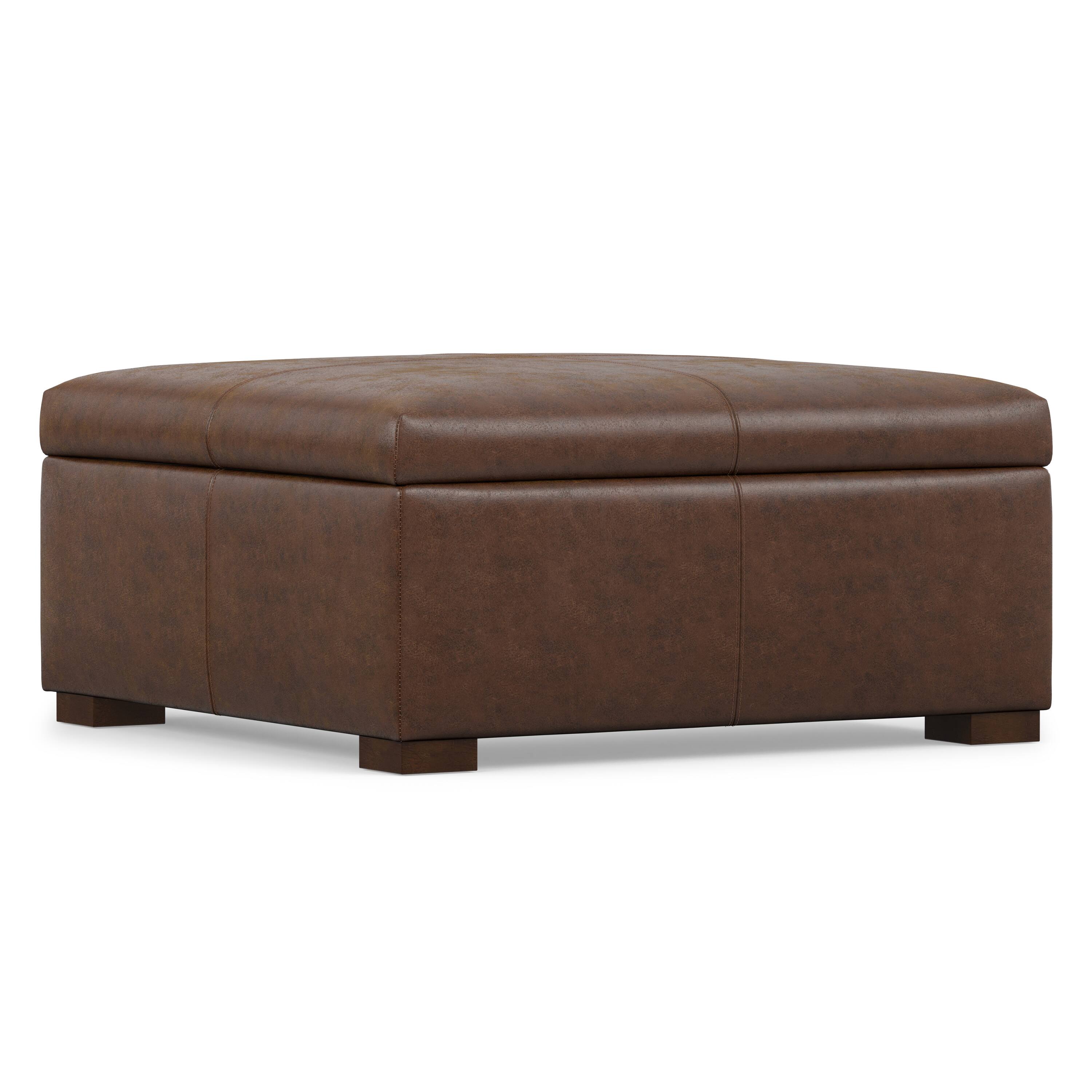 Alt View 3. Simpli Home - Gabbie 36 inch Wide Square Coffee Table Storage Ottoman in Distressed Chestnut Brown Vegan Leather - Distressed Chestnut Brown.