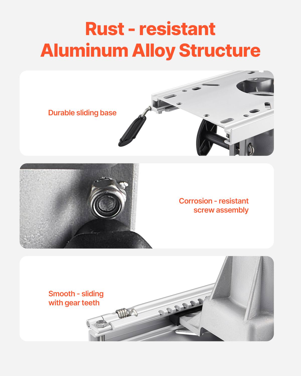 Rust - resistant - Aluminum Alloy Structure
Durable sliding base
Corrosion - resistant screw assembly
Smooth - sliding with gear teeth