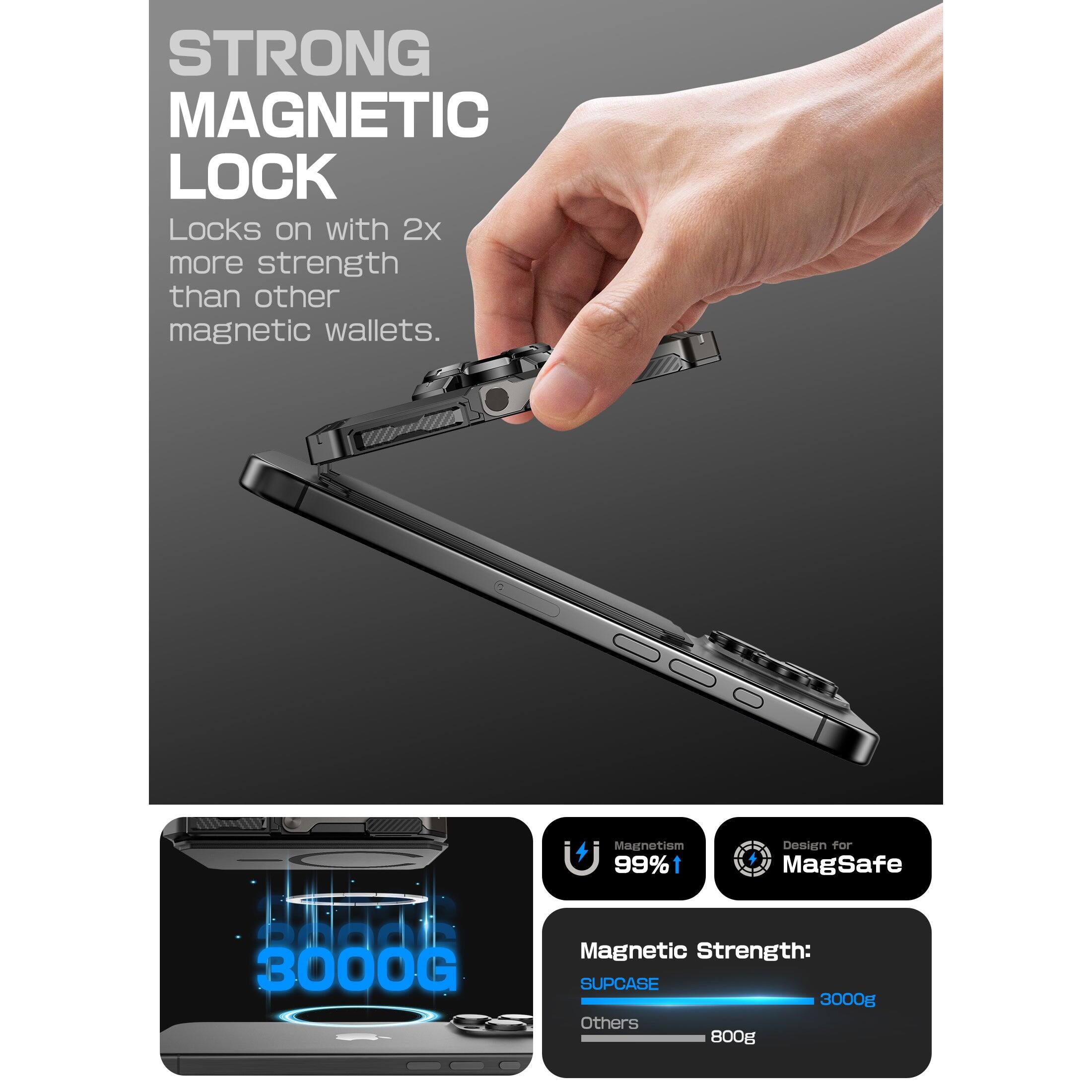 STRONG MAGNETIC LOCK  
Locks on with 2x more strength than other magnetic wallets.

Magnetism 99%  
Design for MagSafe

Magnetic Strength:  
SUPCASE 3000g  
Others 800g