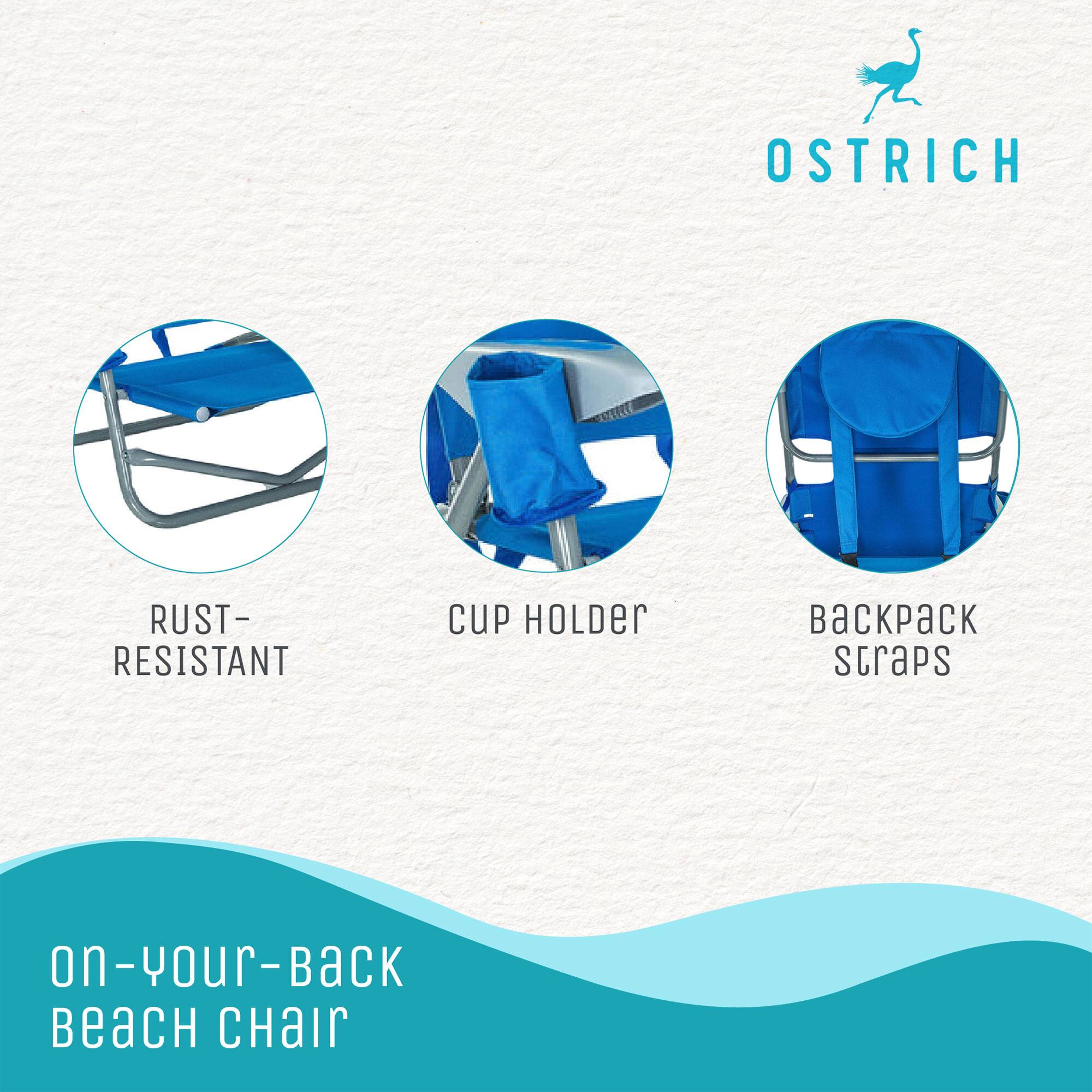 OSTRICH  
on-your-back beach chair  

- RUST-RESISTANT  
- CUP HOLDER  
- BACKPACK STRAPS