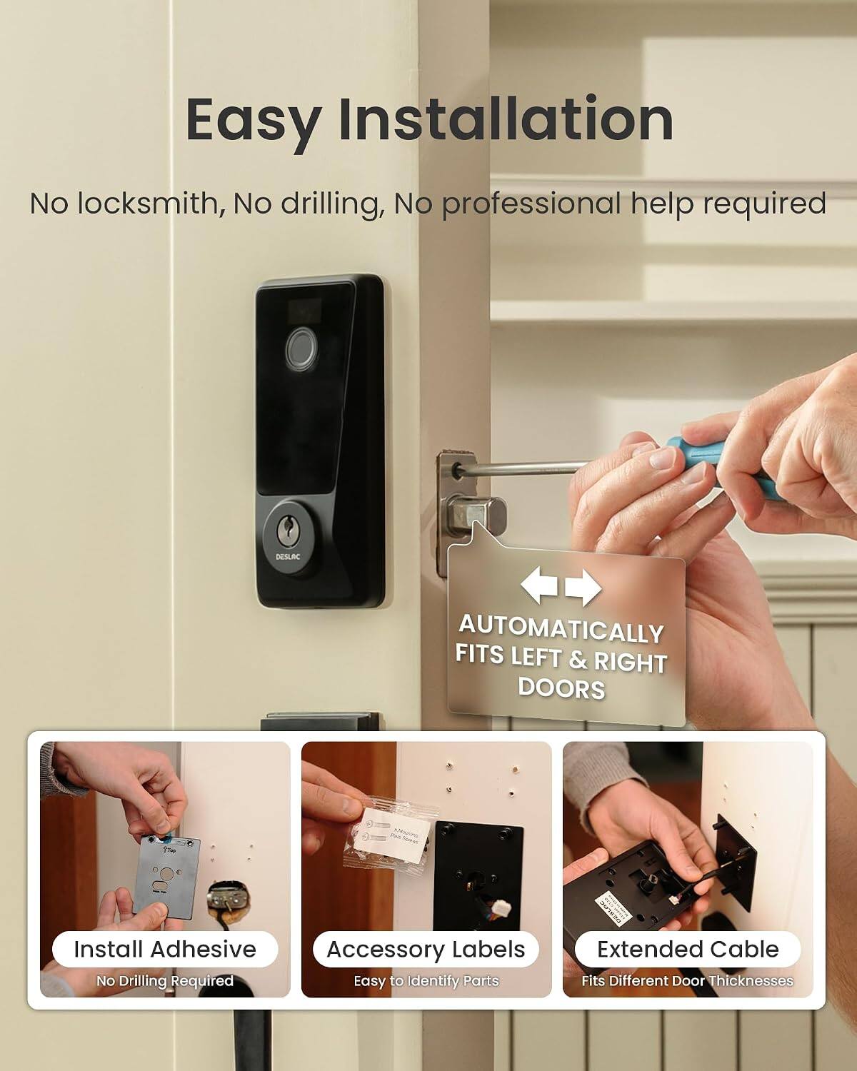 Easy Installation  
No locksmith, No drilling, No professional help required  

DESLAC AUTOMATICALLY FITS LEFT & RIGHT DOORS  

Install Adhesive  
No Drilling Required  

Accessory Labels  
Easy to Identify Parts  

Extended Cable  
Fits Different Door Thicknesses