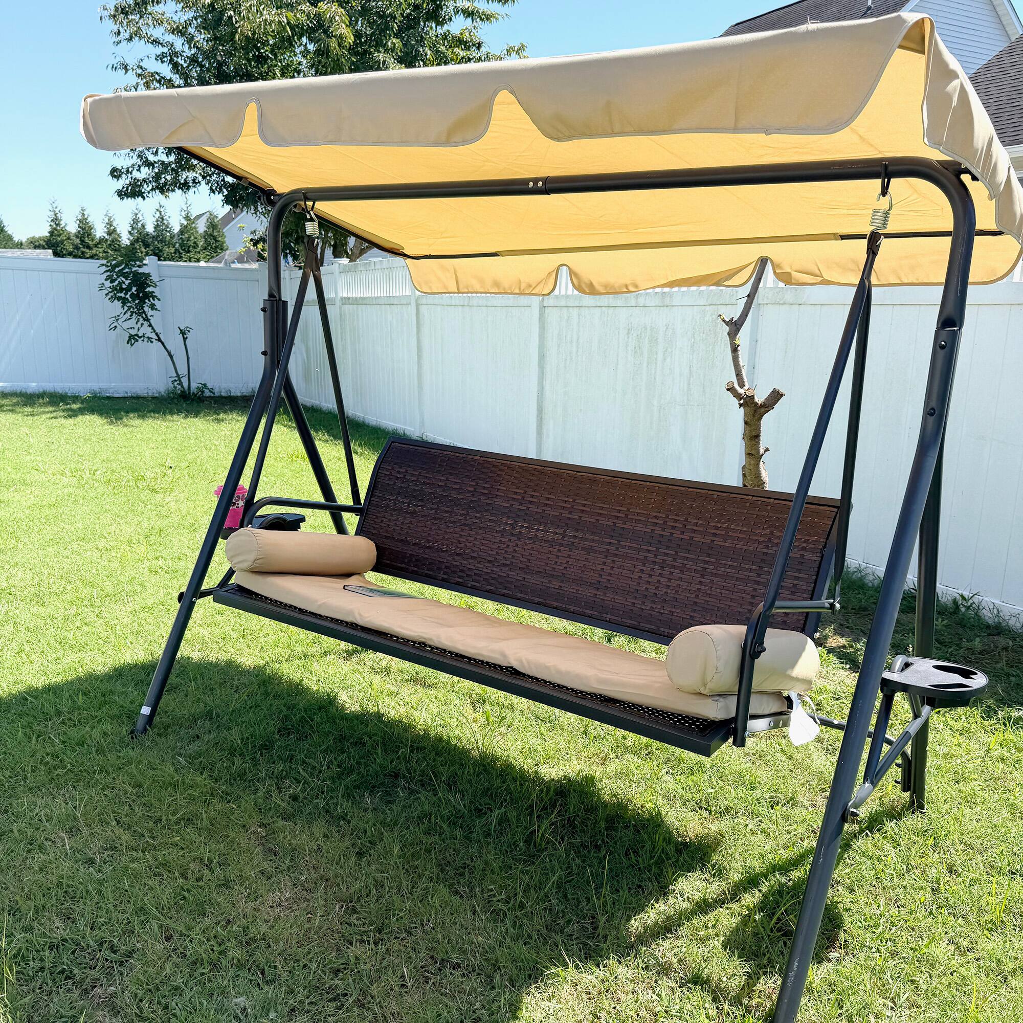 Alt View 7. Outsunny - Outsunny 3-Seat Patio Swing Chair Swing Bench for Outside w/ Adjustable Shade - Black, Brown, Khaki.