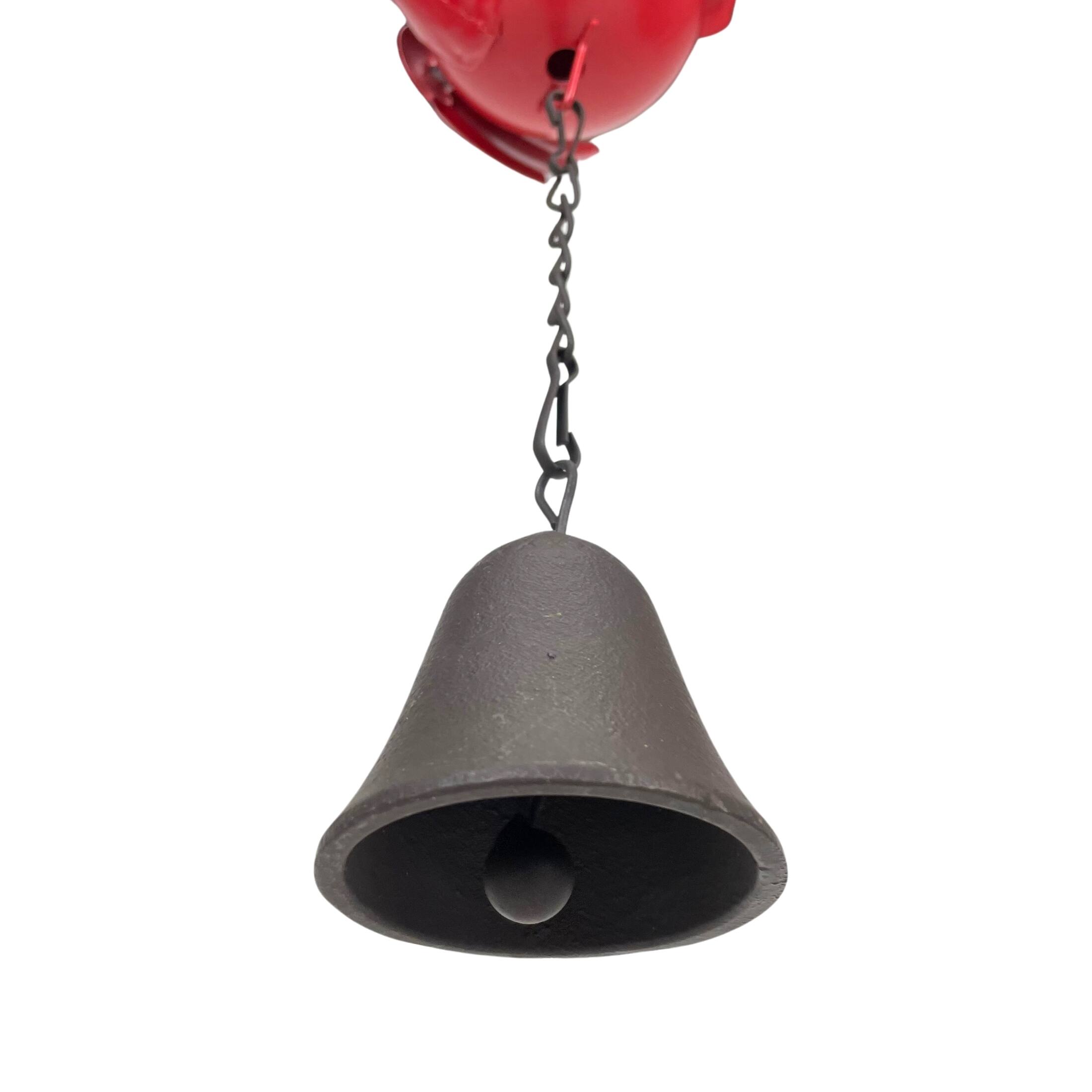 Alt View 10. Things2Die4 - 85-Inch Metal Rain Chain - 7 Red Cardinal Birds - Weighted Bell - Brown Finish - Bright Red.