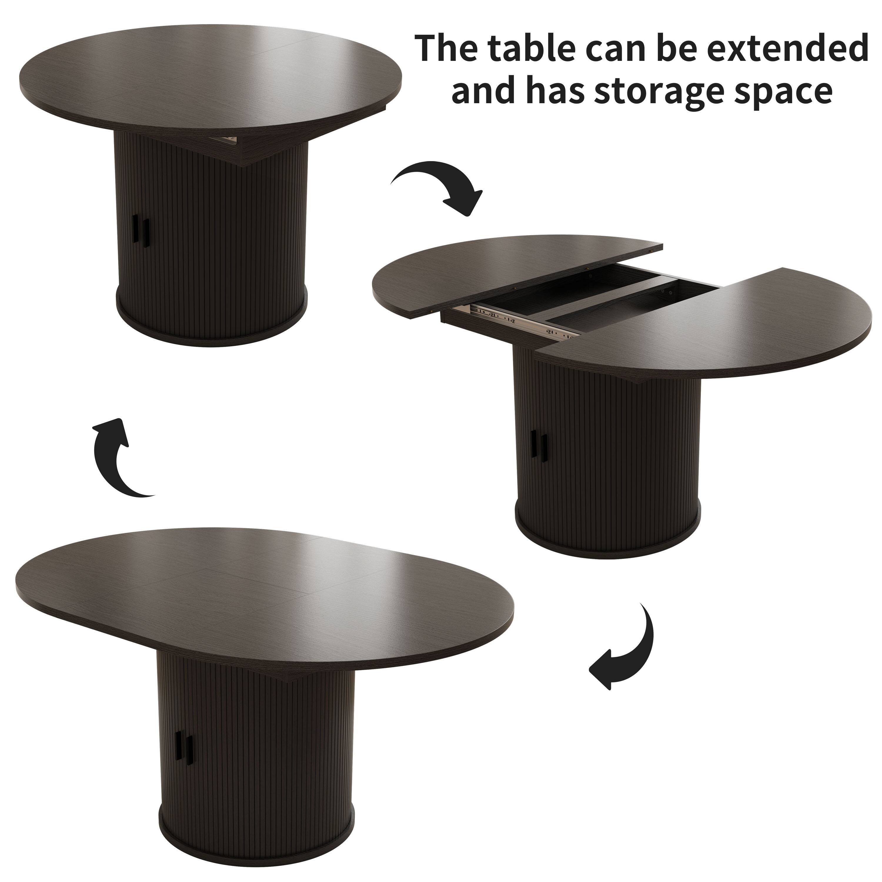 The table can be extended and has storage space.
