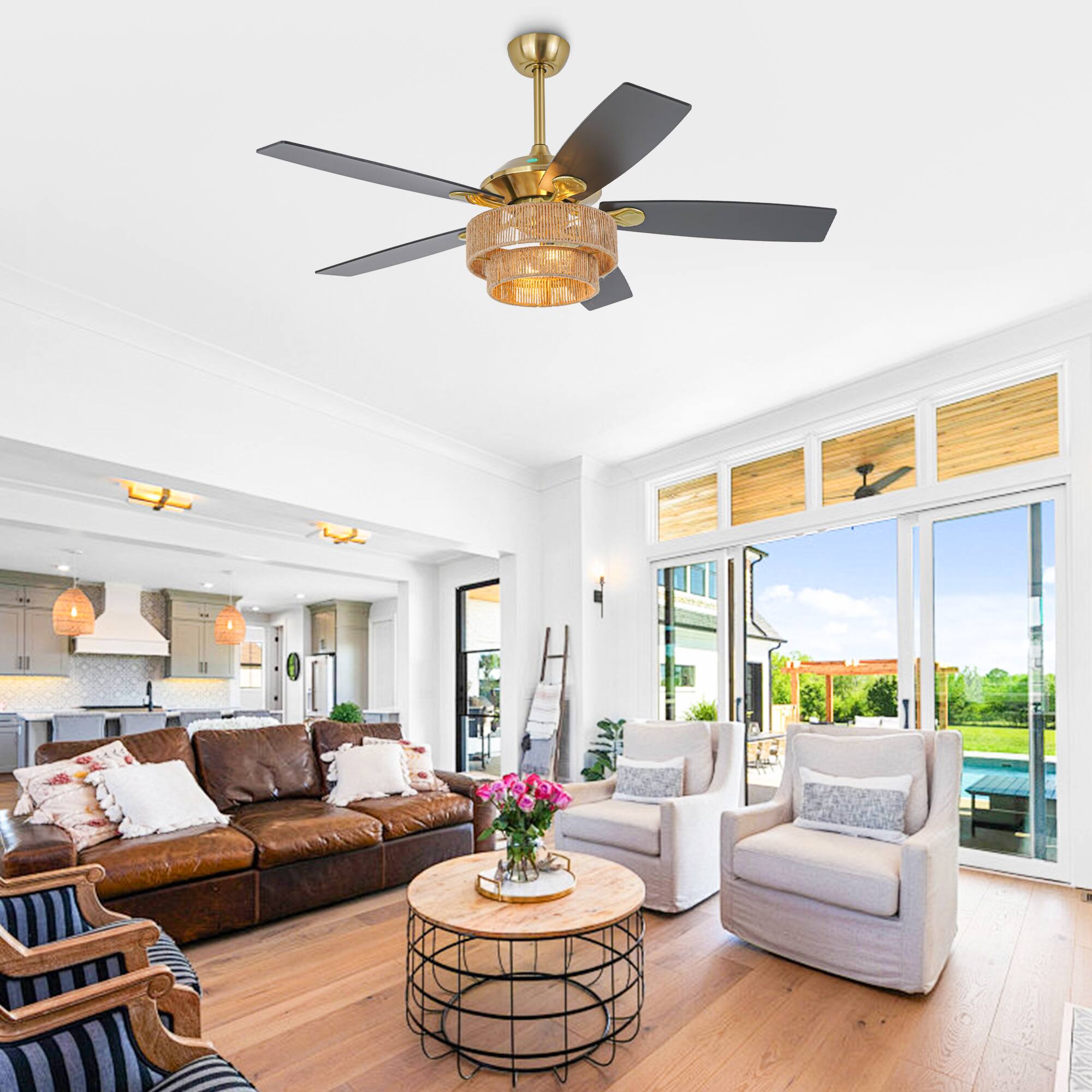 Alt View 1. Parrot Uncle - 52" Farmhouse Natural Reversible 5-Blade Gold Ceiling Fan with Remote - Gold.