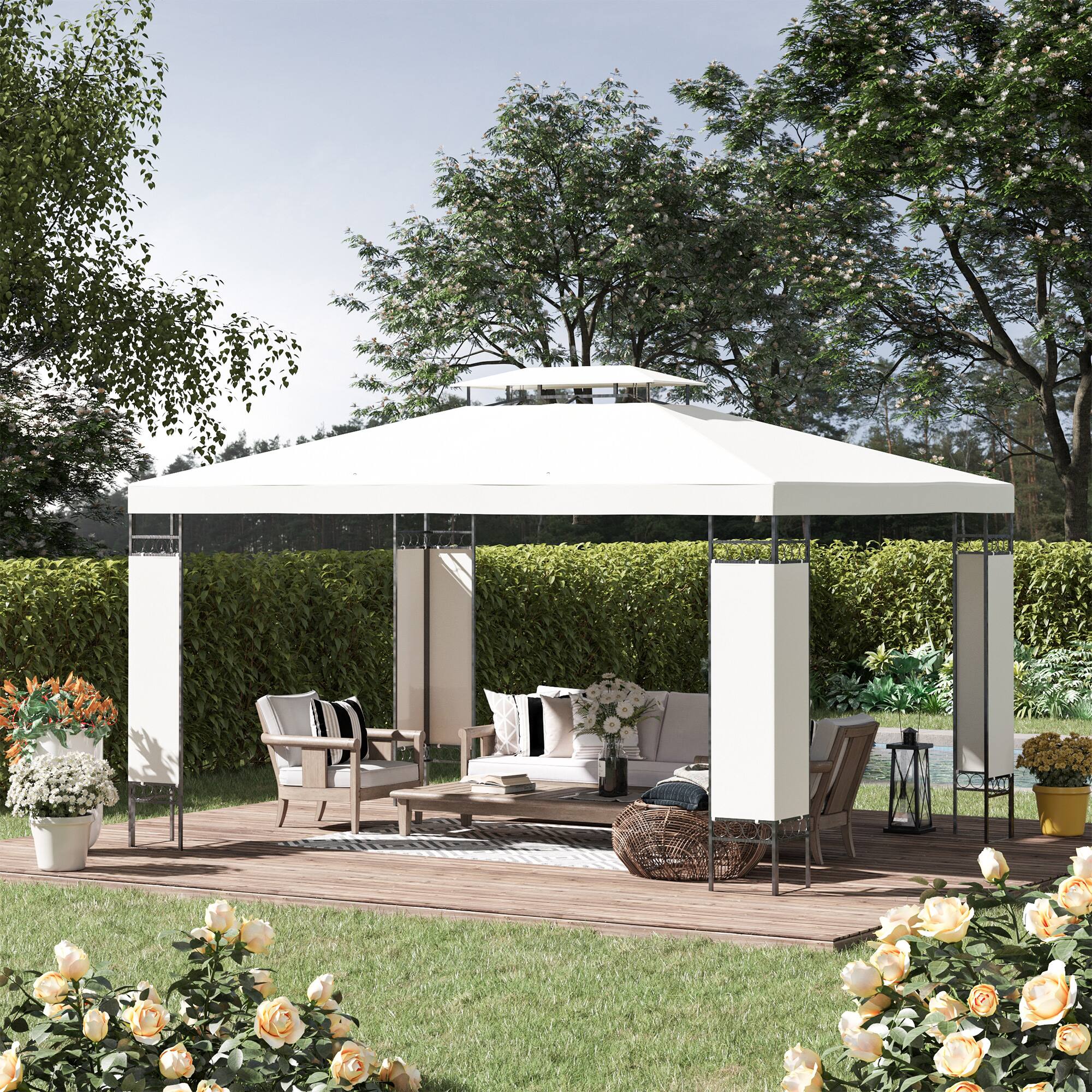 Angle. Outsunny - 10' x 13' Patio Gazebo, Double Roof Outdoor Gazebo Canopy Shelter with Screen Decorate Corner Frame, for Garden, Lawn - Cream White.