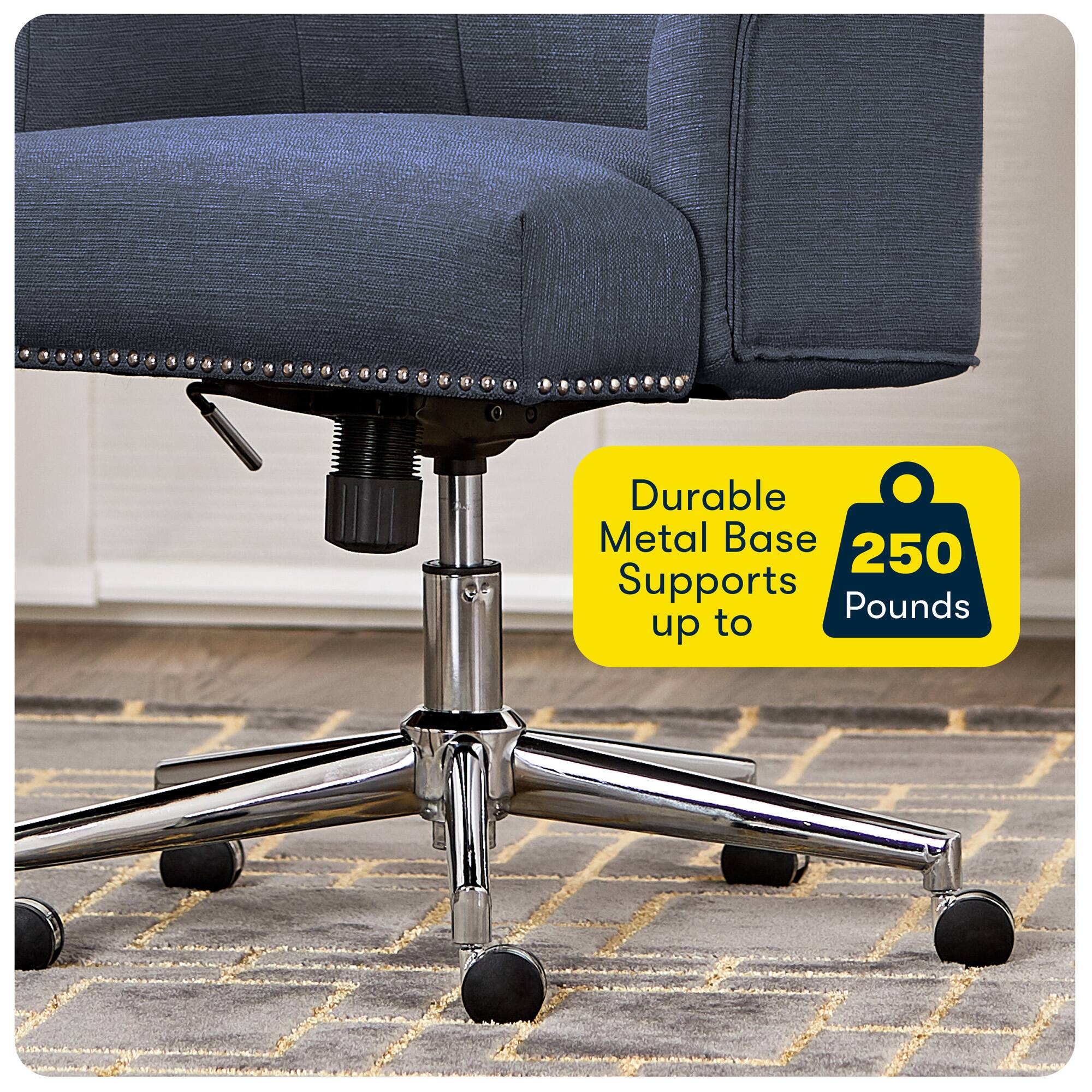The image features a blue chair with a metal base, which is advertised as being durable and supporting up to 250 pounds. The chair is placed on a carpeted floor, and the metal base is visible underneath the chair. The chair is likely designed for heavy-duty use, making it suitable for various settings, such as offices or commercial spaces.