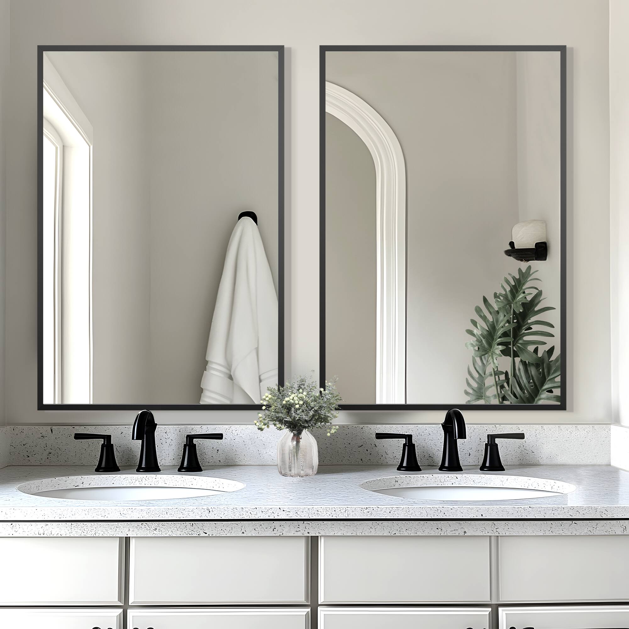 Front. Lirago - 36" x 24" 2PC Rectangle Hanging Bathroom Mirror with Black Scratch-Resistant Aluminum Alloy Frame - Black.