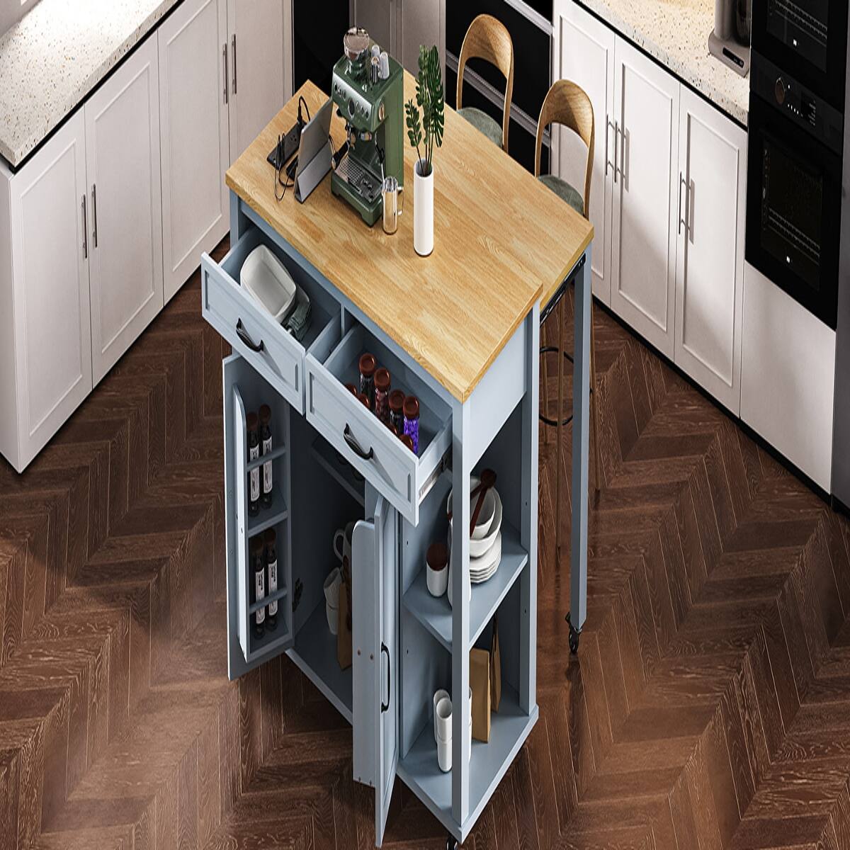 Angle. Loheer - 47.2" Kitchen Island with Extendable Dining Table, Rolling Kitchen Island with Storage - Grey Blue.