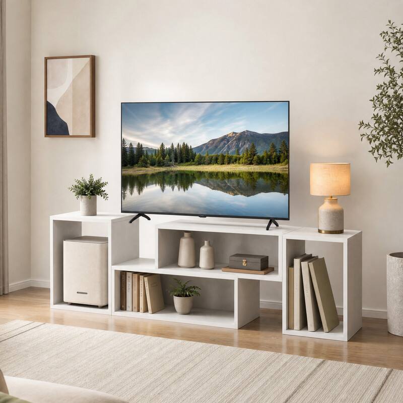 Angle. WELLFOR - Modern TV Stand for TVs up to 55 Inch, Adjustable Entertainment Center with Storage Cubes for Living Room - White.