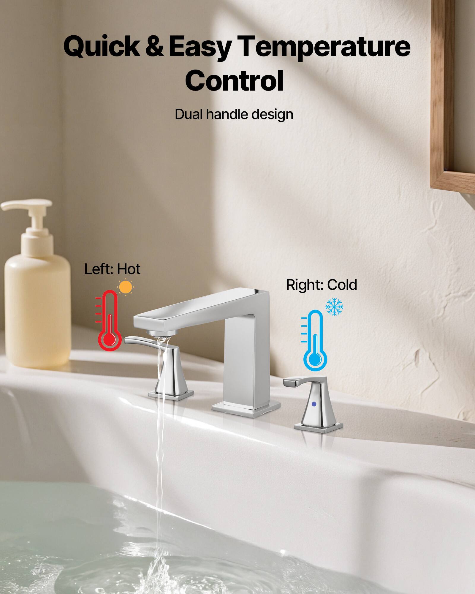 Quick & Easy Temperature Control  
Dual handle design  
Left: Hot  
Right: Cold