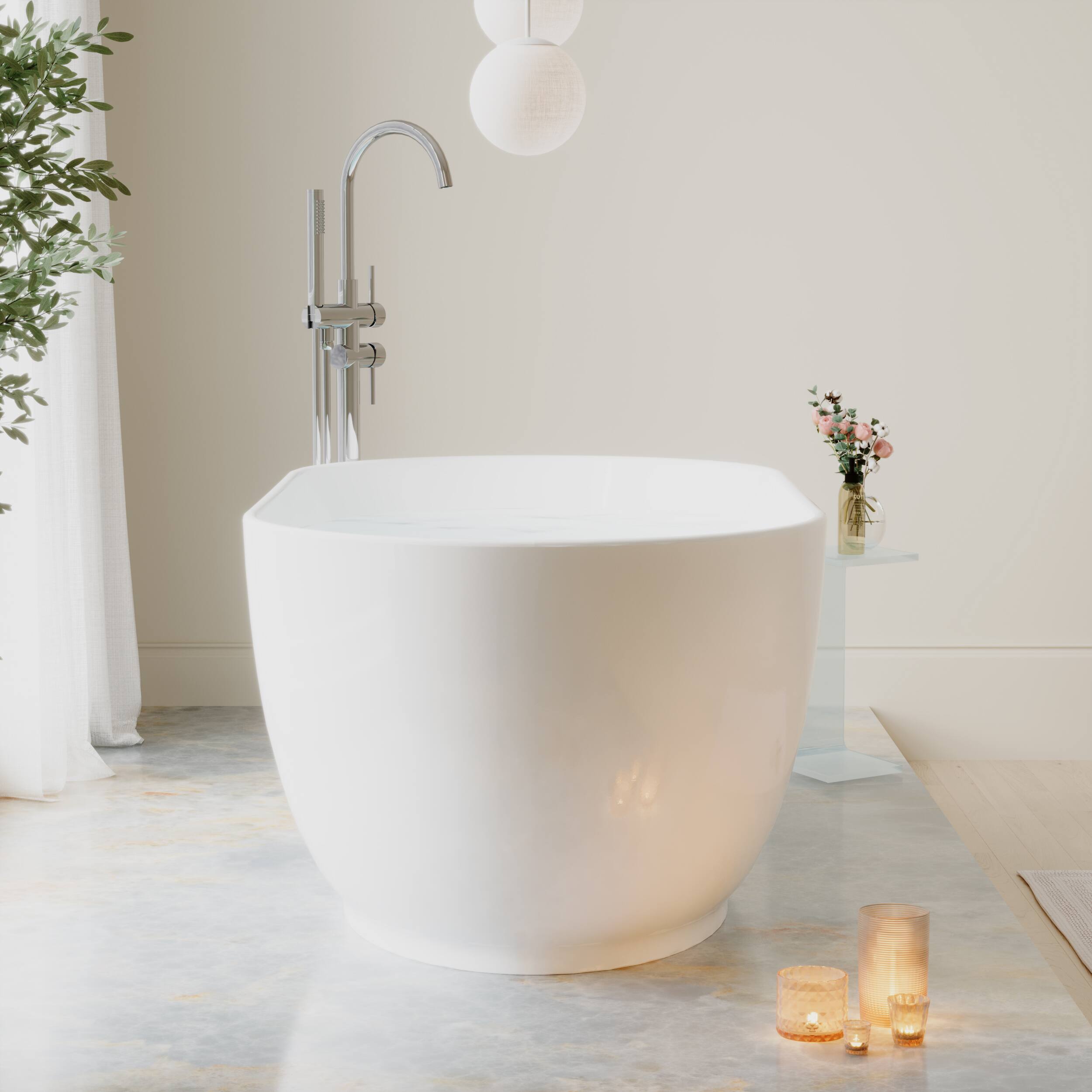 Left. WELLFOR - Lyra 59 in. x 31.5 in. Pure Virgin Acrylic Oval Freestanding Soaking Bathtub with Drain and Overflow - White.