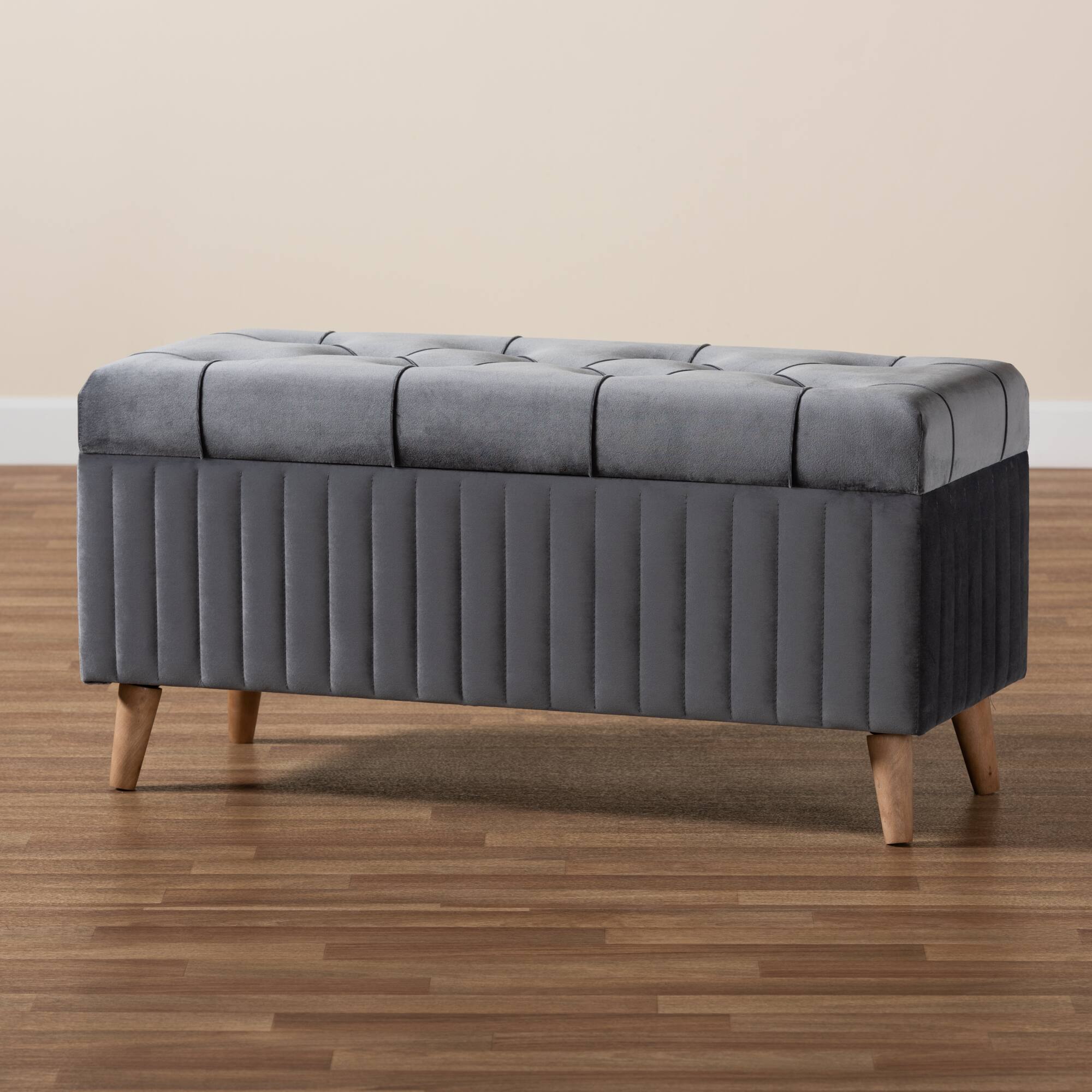 Alt View 6. Baxton Studio - Hanley Modern and Contemporary Velvet Fabric Upholstered and Walnut Brown Finished Wood Storage Ottoman - Grey/Walnut Brown.
