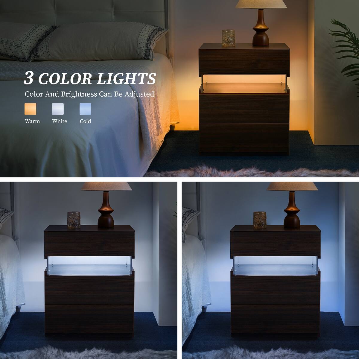 Loheer 3 Drawer LED Nightstand, Bedside Table with Acrylic Panel for ...