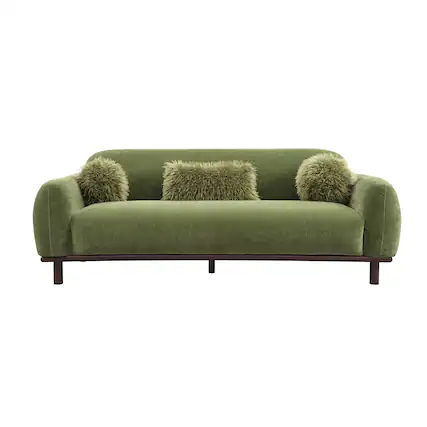 Front. Vaczon - 3-Seater Chenille Sofa Plush Bench Seating with Pocket Coil Support, Faux Fur Accent Cushions, Cozy Living Room Couch - Olive Green.